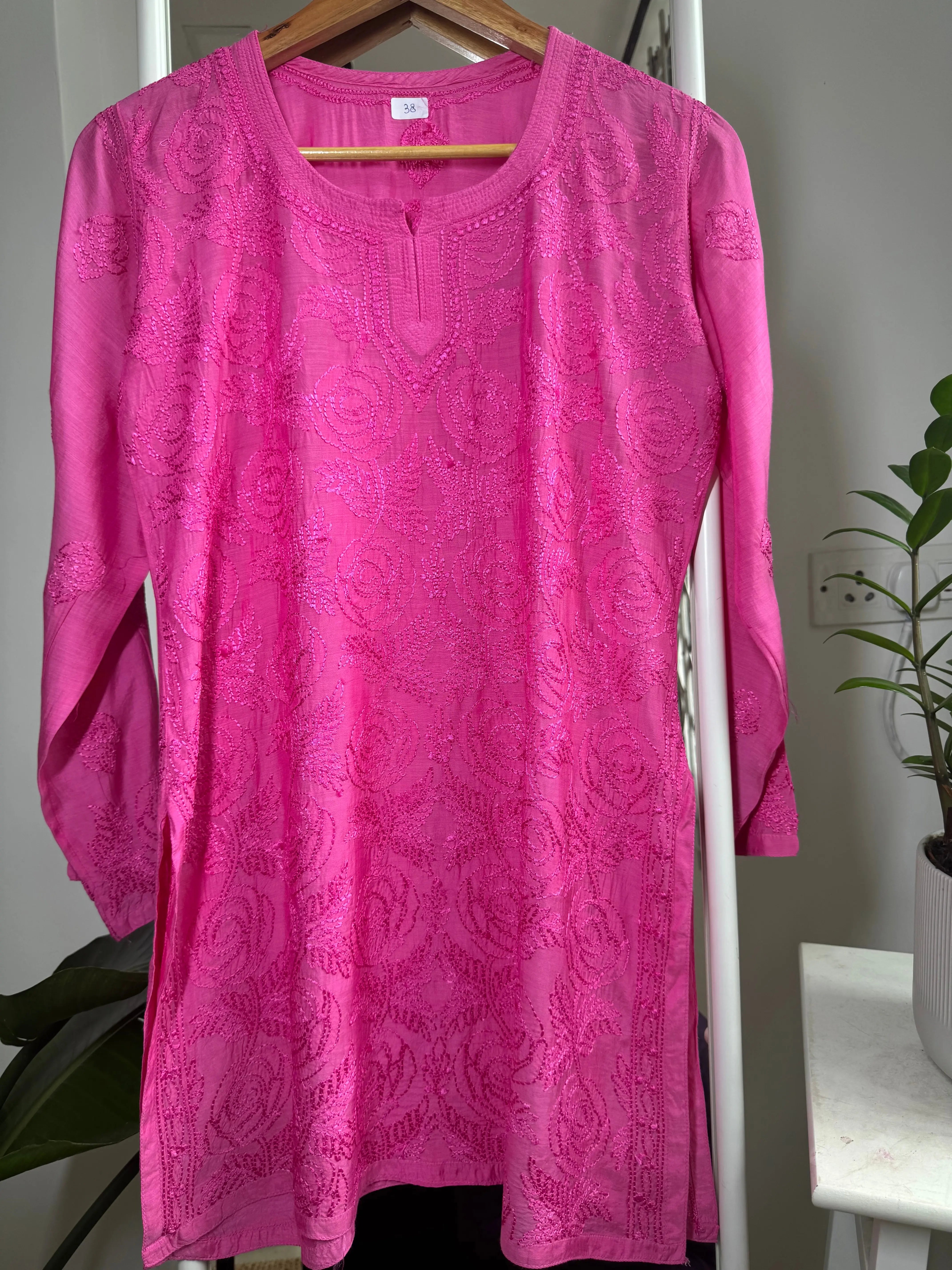 Chikankari Muslin short Top in hot Pink ARIAA CHIKANKARI 