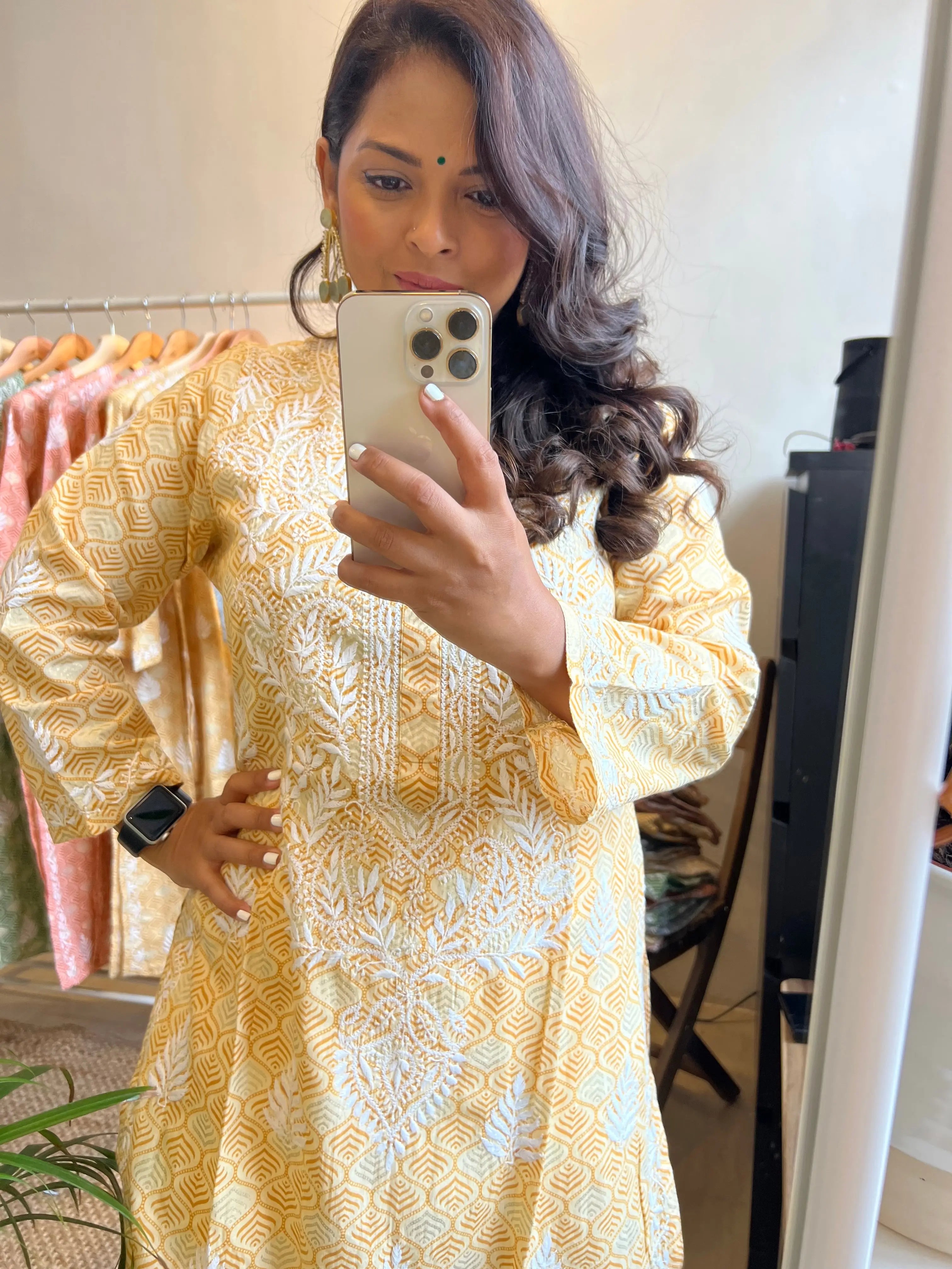 Mul Cotton Printed Chikankari Kurti - Yellow ARIAA CHIKANKARI 