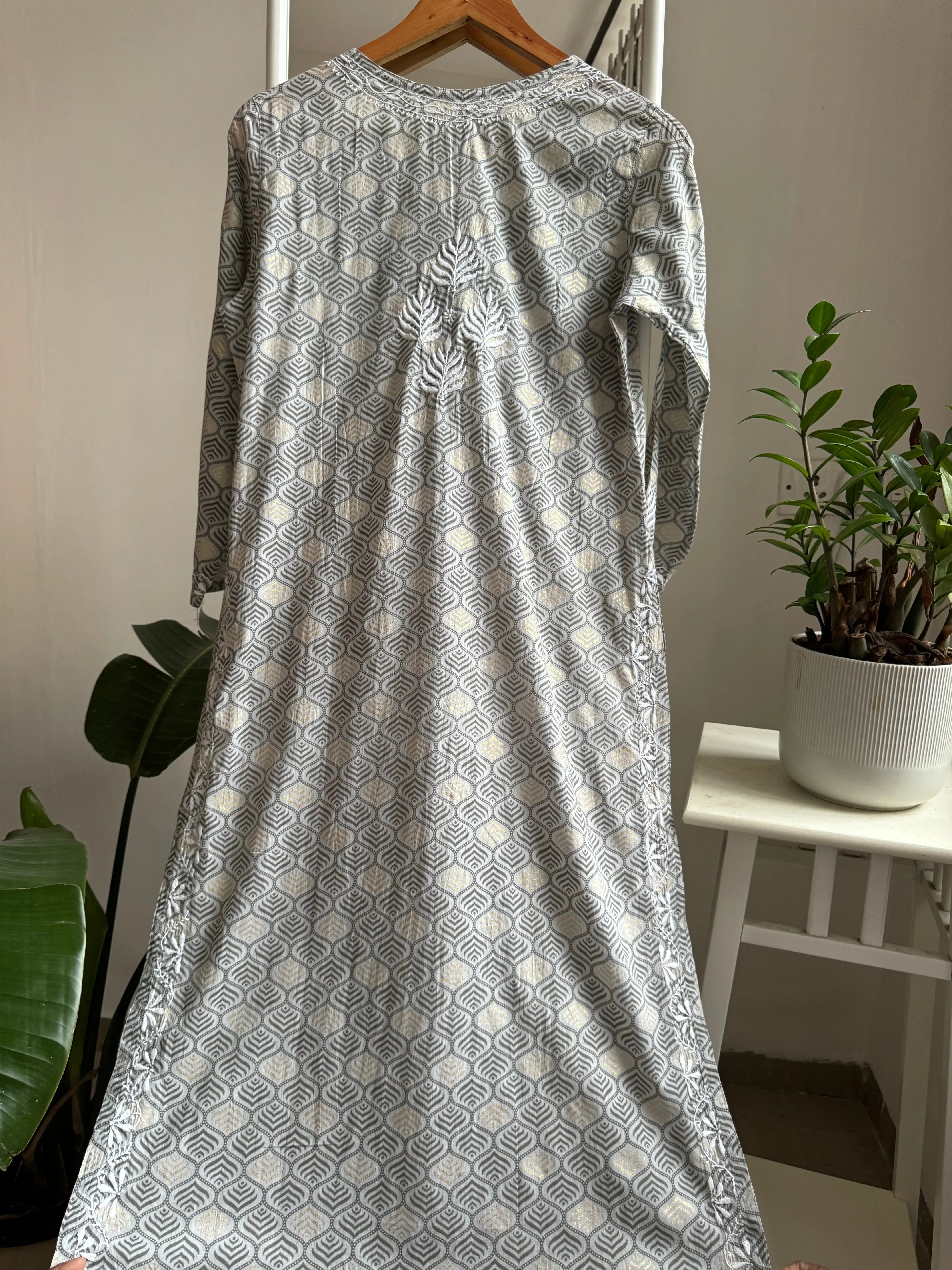 Mul Cotton Printed Chikankari Kurti - Grey ARIAA CHIKANKARI 