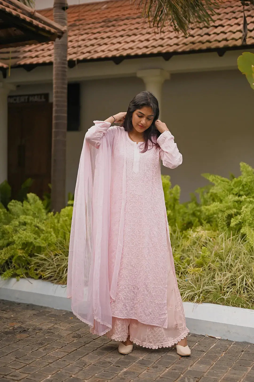 Viscose Plazzo Set - Pale Pink: Graceful and Elegant Chikankari Attire