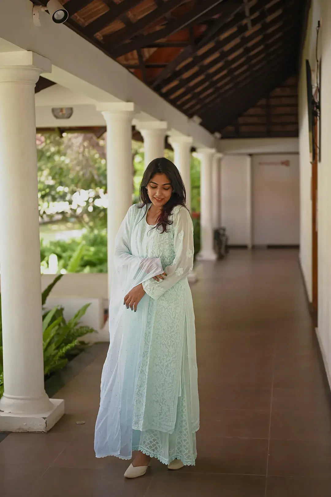 Viscose Kurti - Cyan Blue - Lucknawi Chikankari