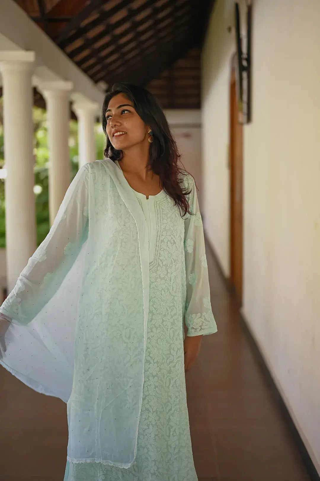 Viscose Kurti - Cyan Blue - Lucknawi Chikankari