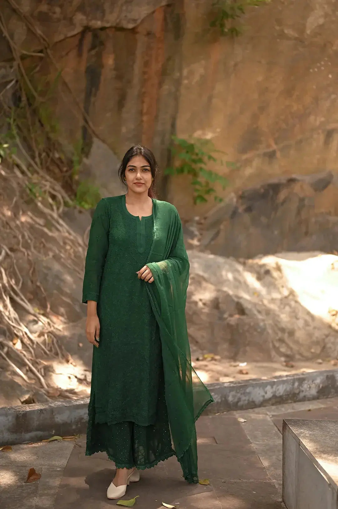 Viscose Plazzo Set - Pine Green: Elegant and Trendy Chikankari Outfit