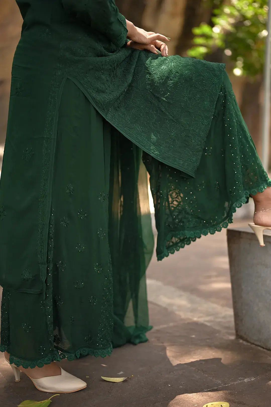 Viscose Plazzo Set - Pine Green: Elegant and Trendy Chikankari Outfit