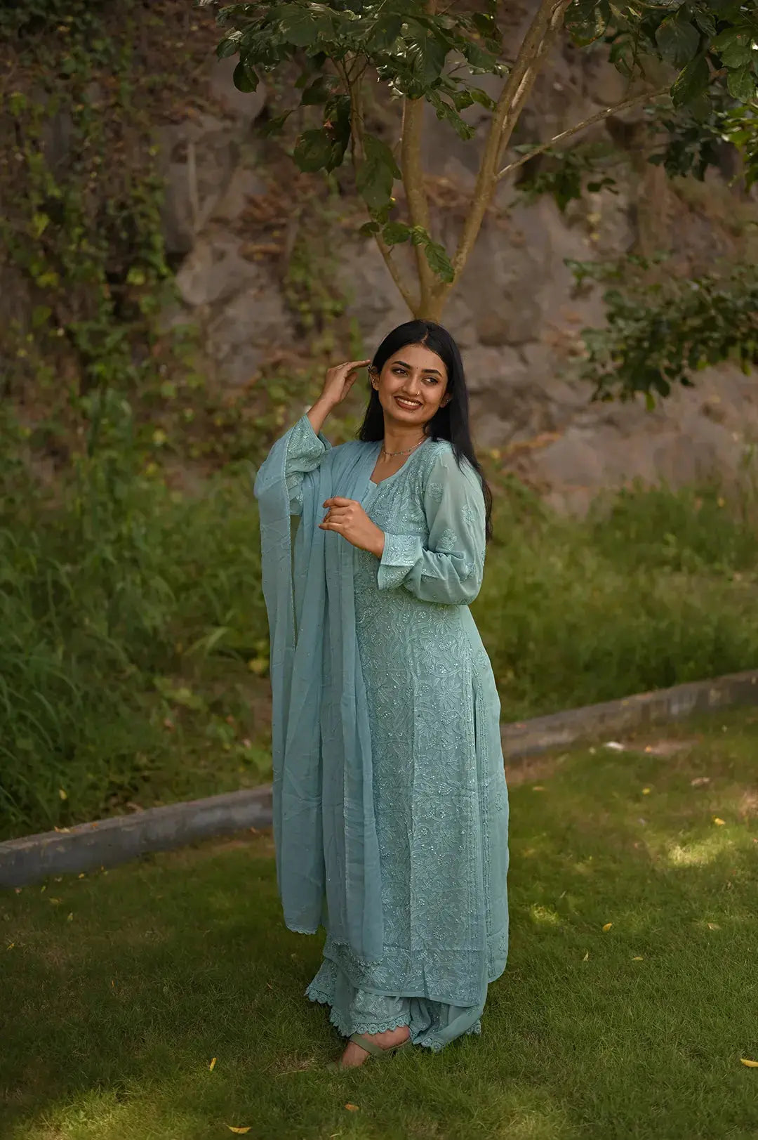 Viscose Kurti - Tiffany Green - Lucknawi Chikankari