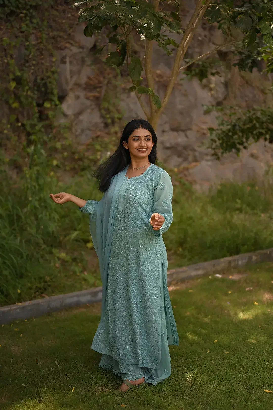 Viscose Plazzo Set - Tiffany Green: Refreshing and Stylish Chikankari Outfit