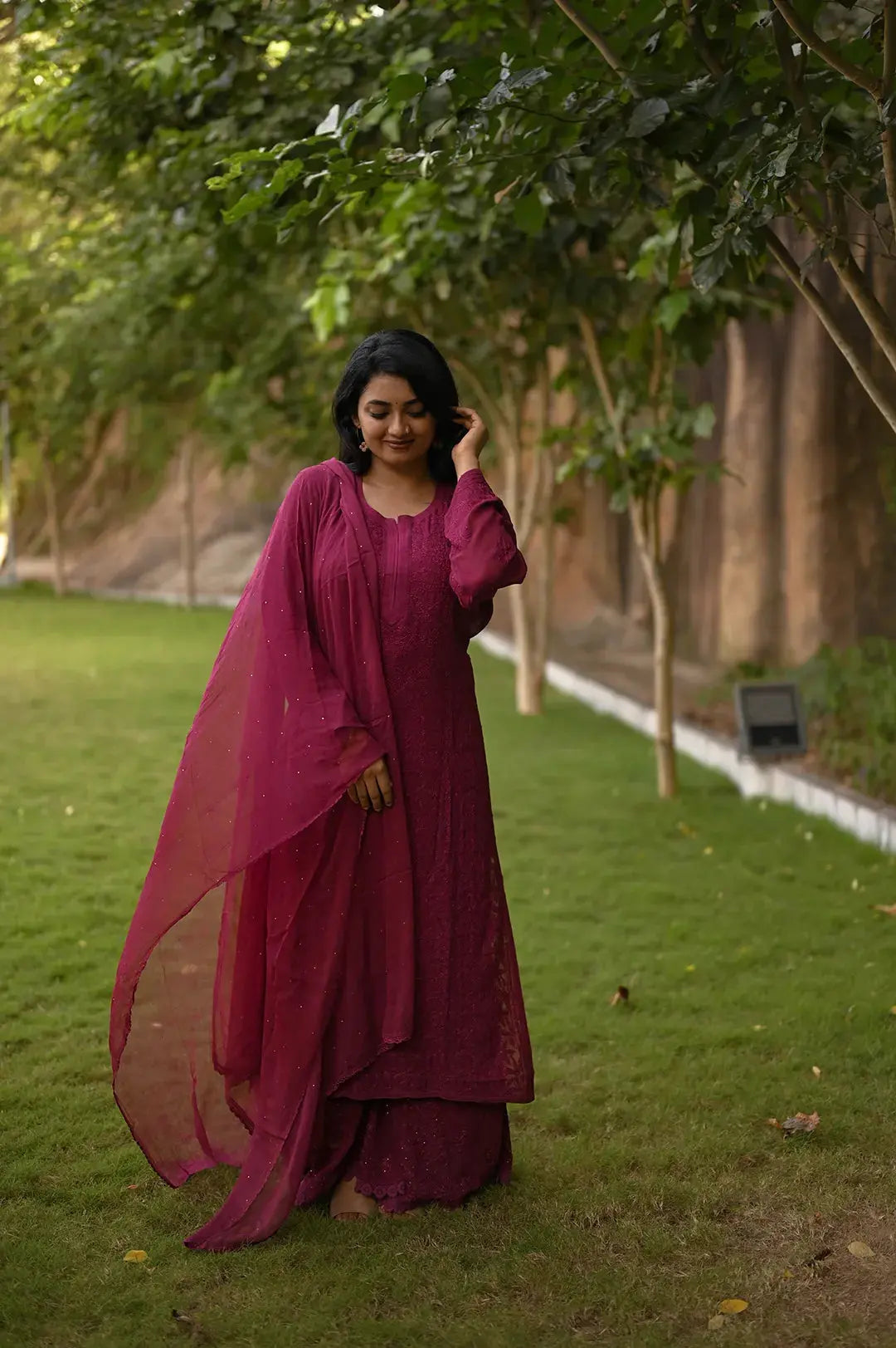 Viscose Kurti - Berry Pink - Lucknawi Chikankari