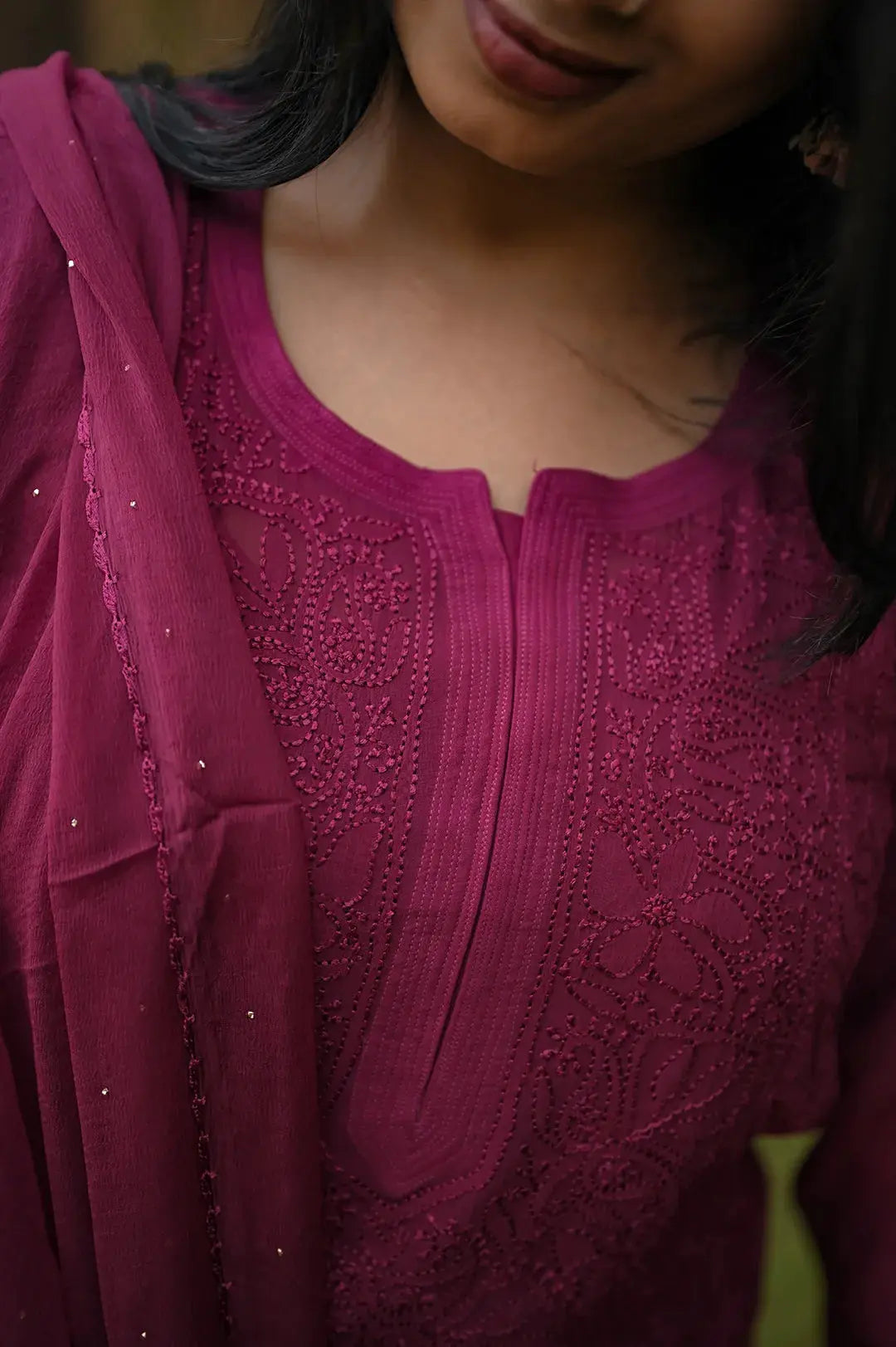 Viscose Kurti - Berry Pink - Lucknawi Chikankari