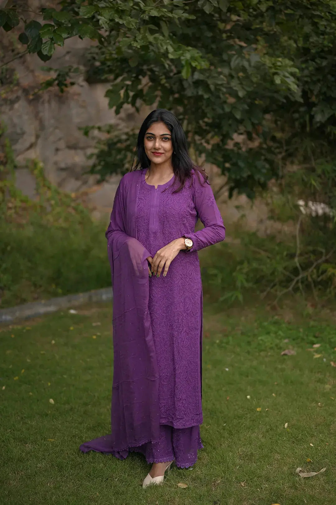 Viscose Plazzo Set - Lara's Purple: Regal and Elegant Chikankari Ensemble