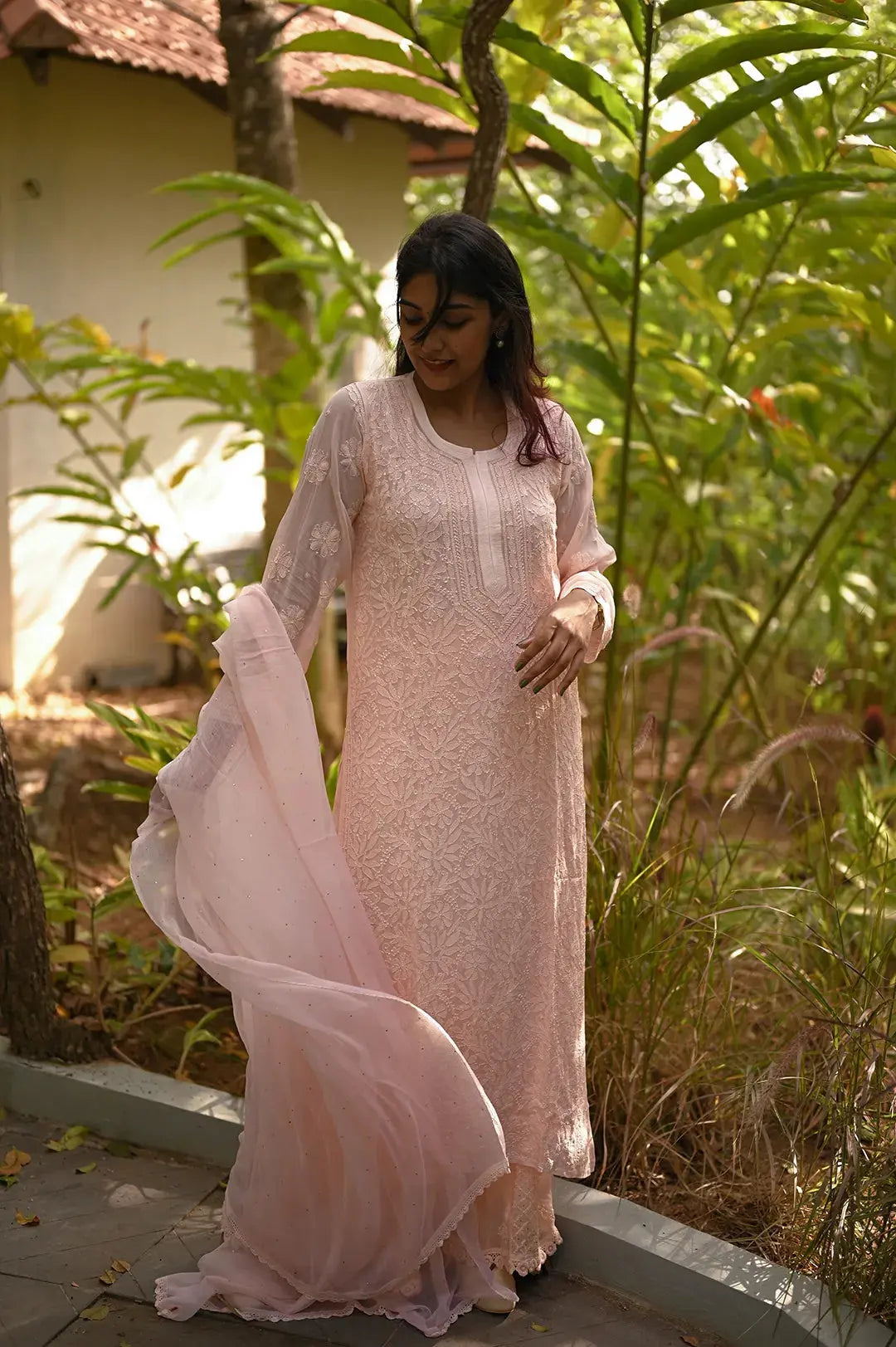 Viscose Kurti - Peach - Lucknawi Chikankari