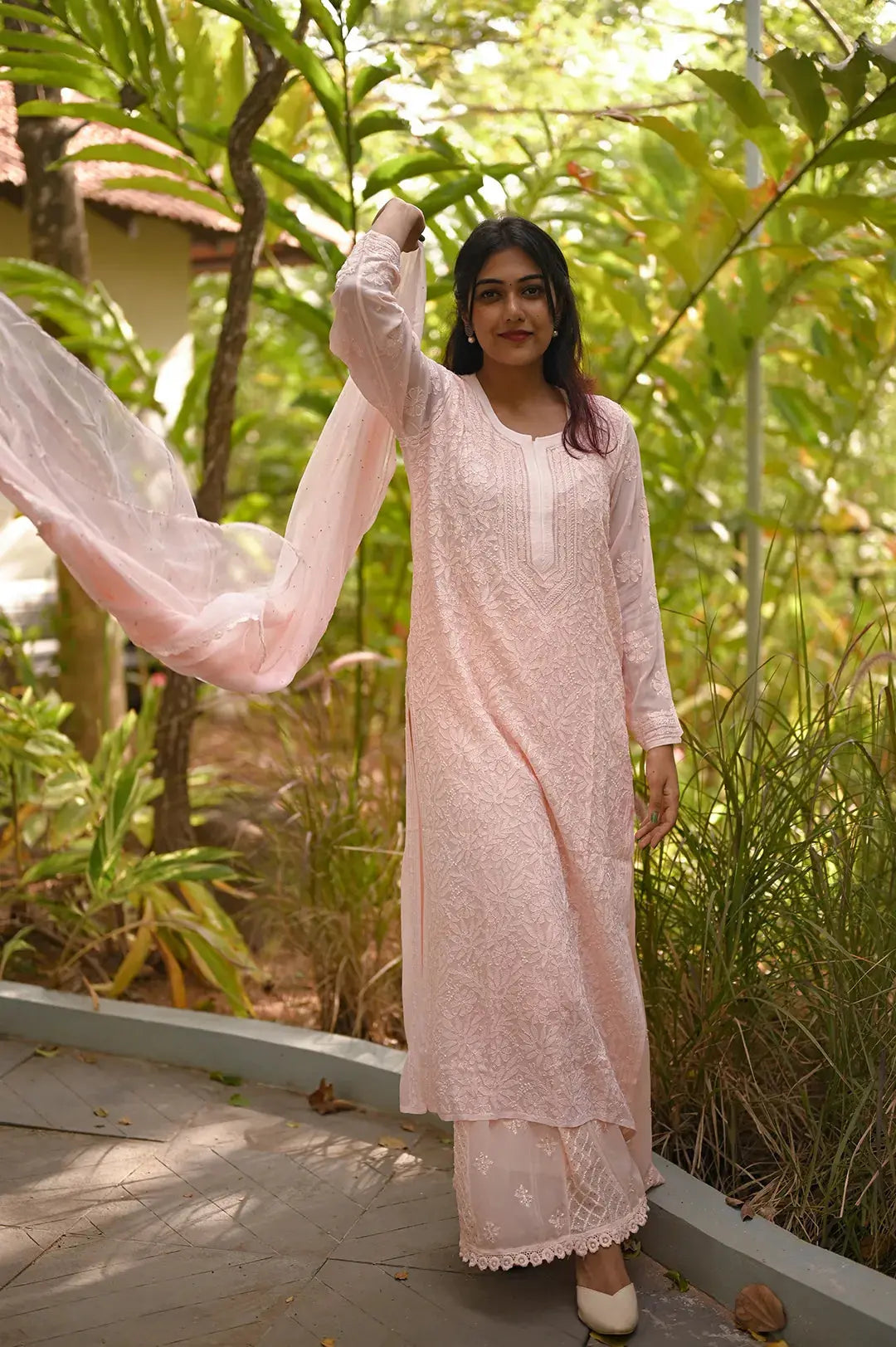 Viscose Kurti - Peach - Lucknawi Chikankari