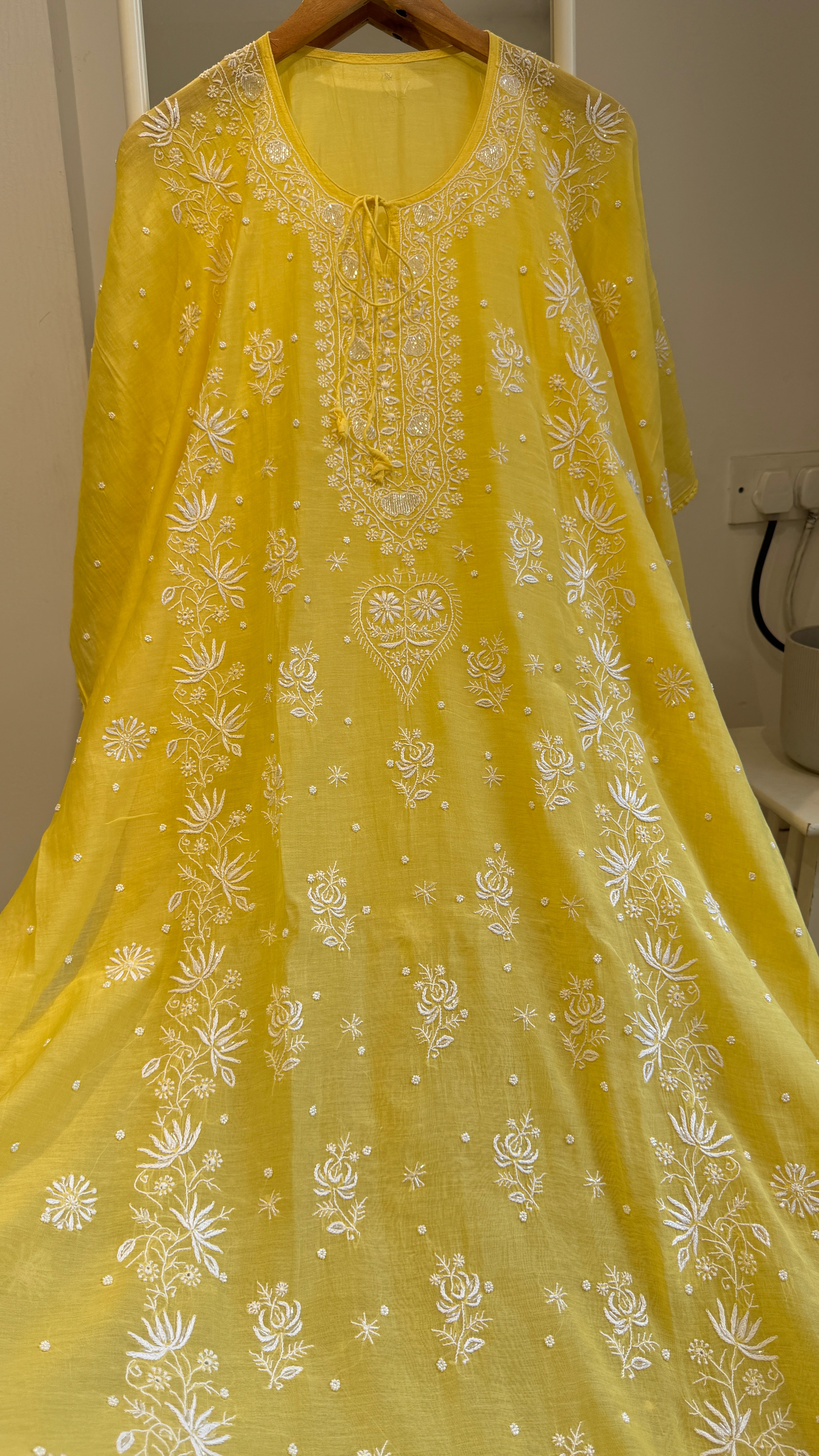 Mul Chanderi Chikankari Kaftan - Yellow