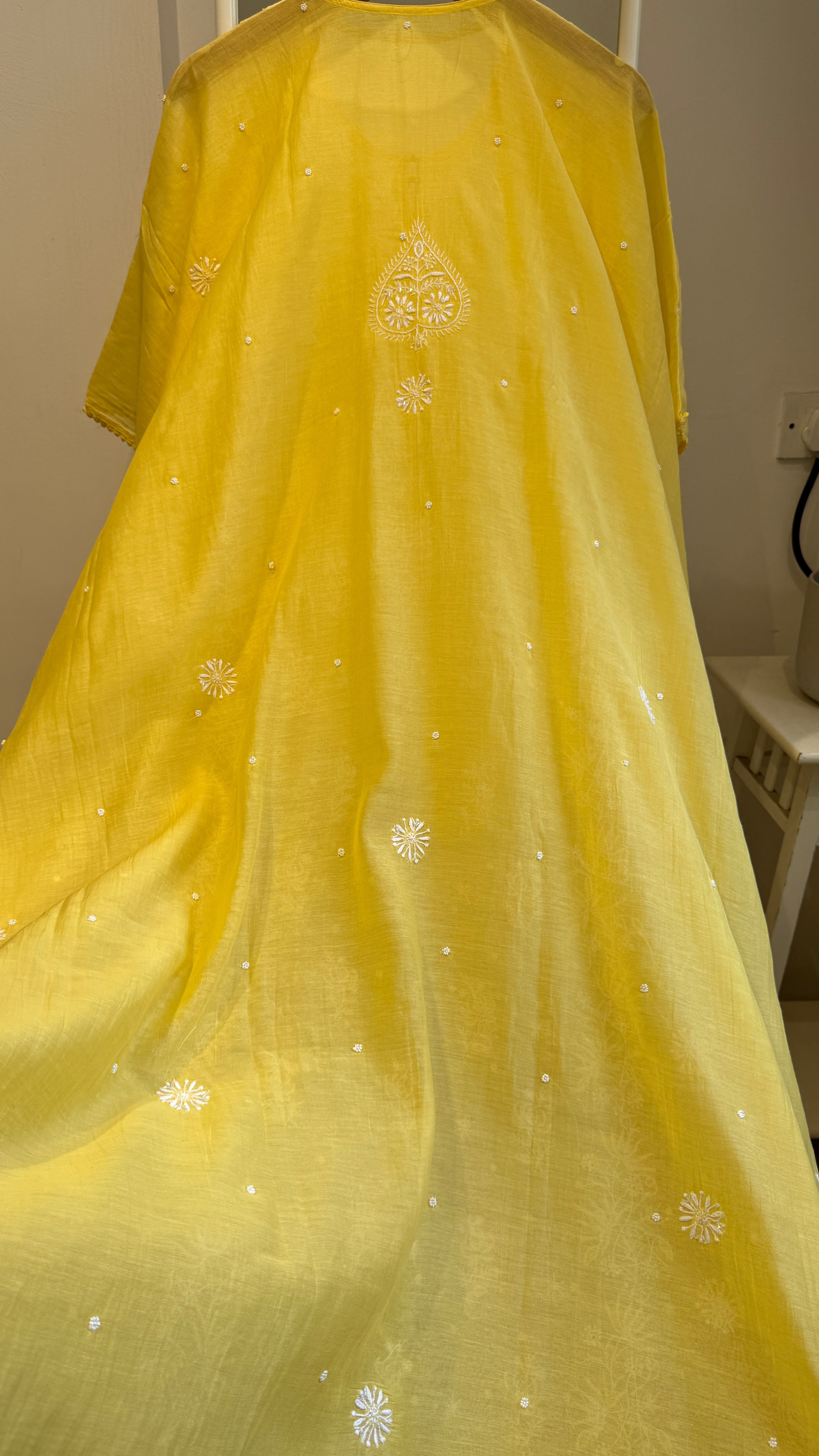 Mul Chanderi Chikankari Kaftan - Yellow