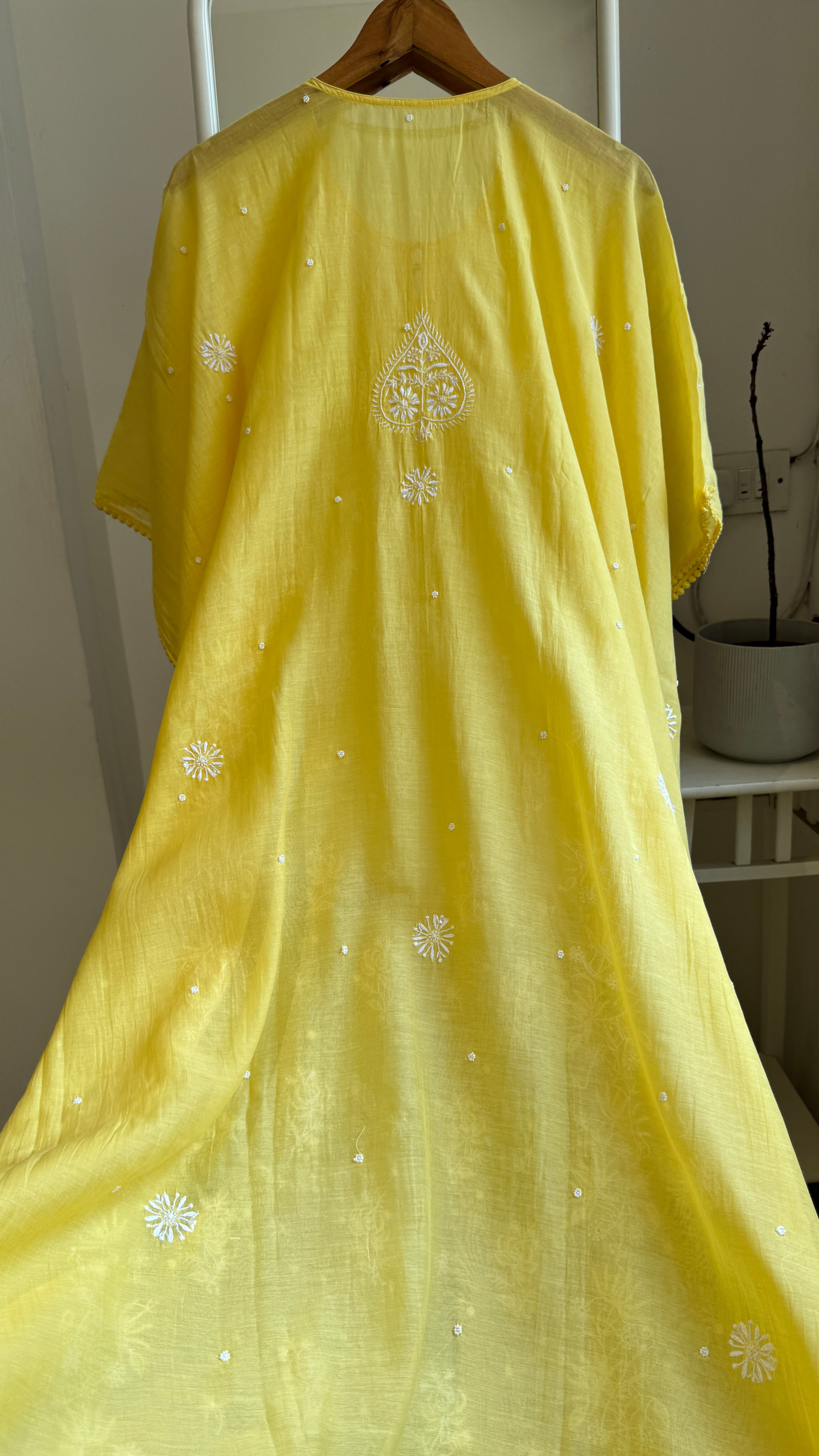 Mul Chanderi Chikankari Kaftan - Yellow