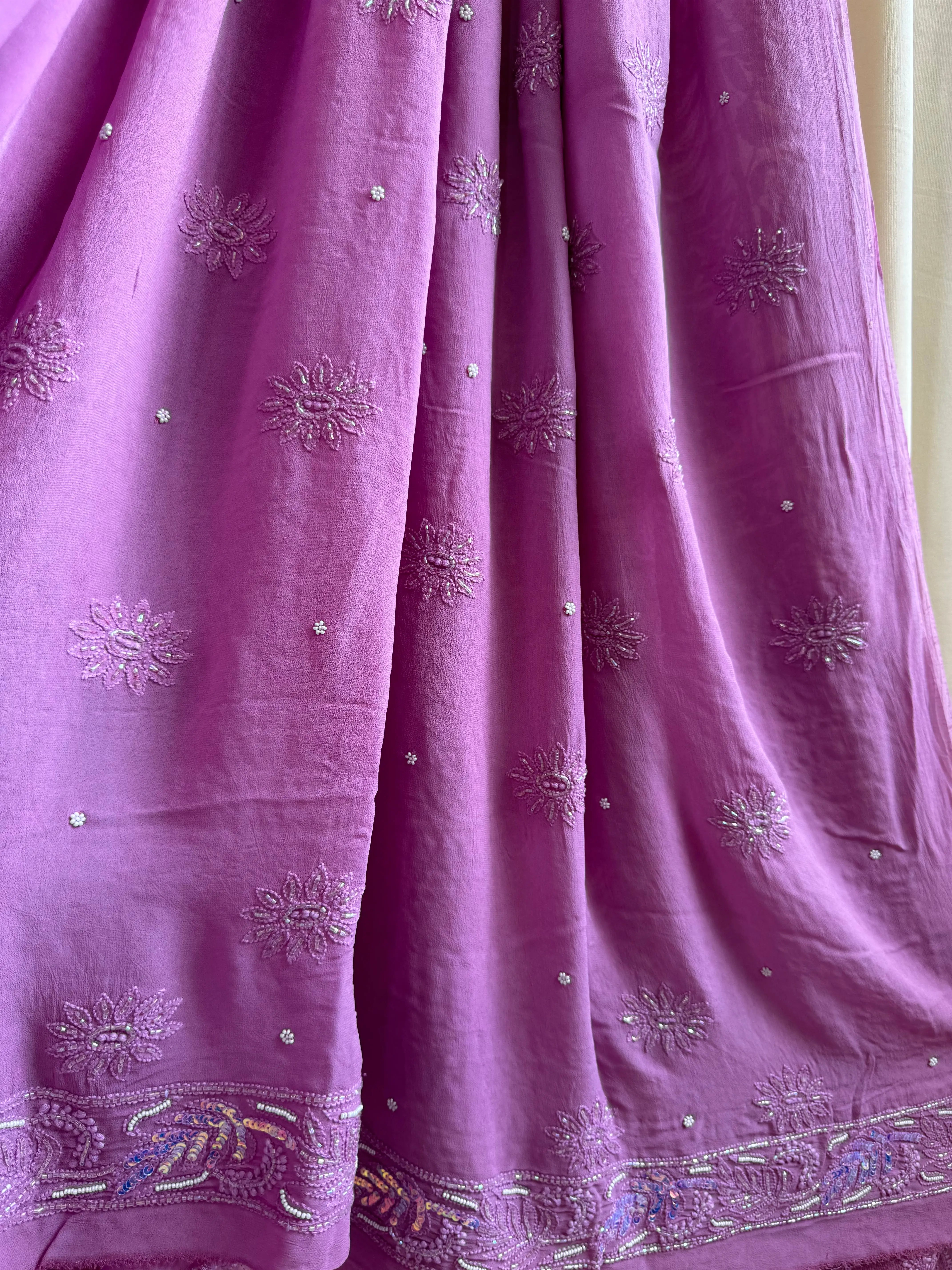 Viscose Chikankari saree with Pearl embellishments- Purple ARIAA CHIKANKARI 