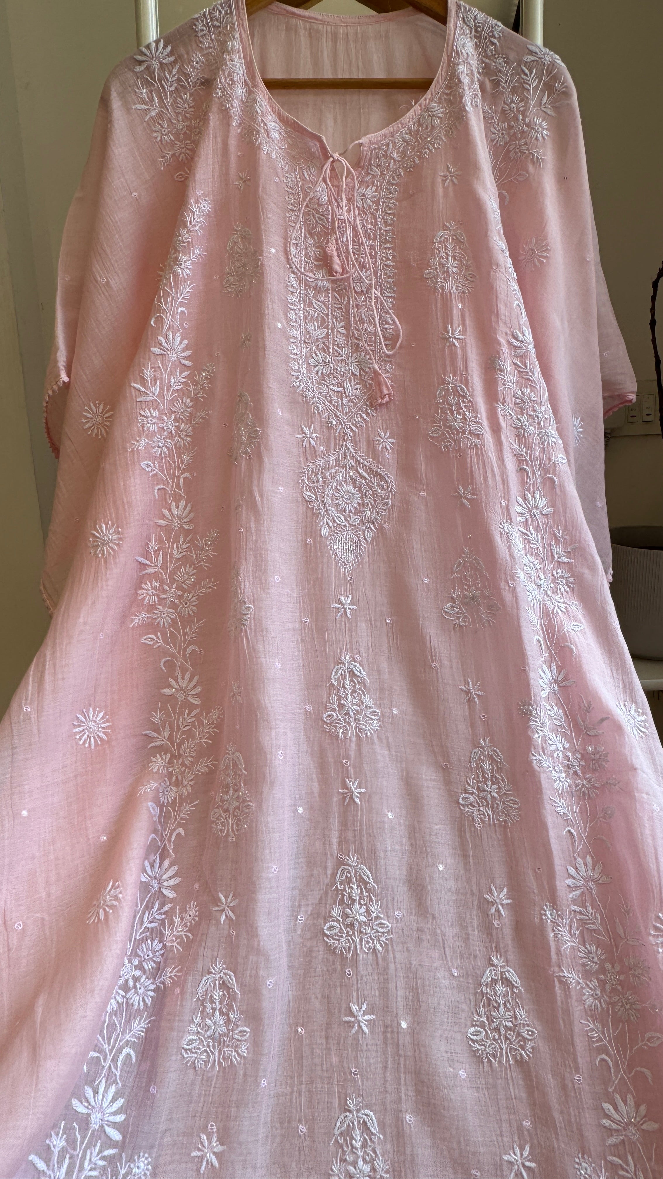 Mul Chanderi Chikankari Kaftan - Pink