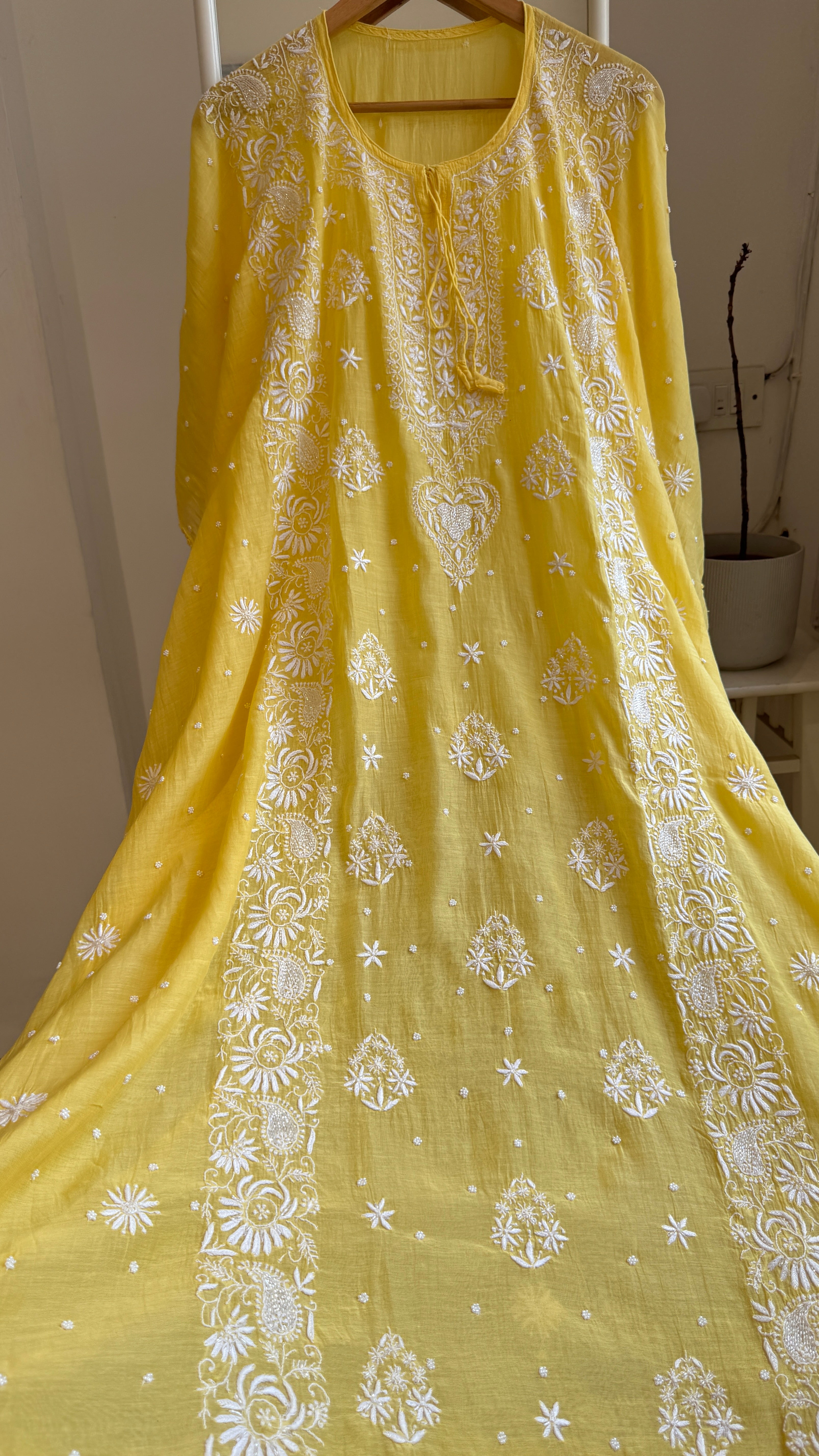 Mul Chanderi Chikankari Kaftan - Yellow