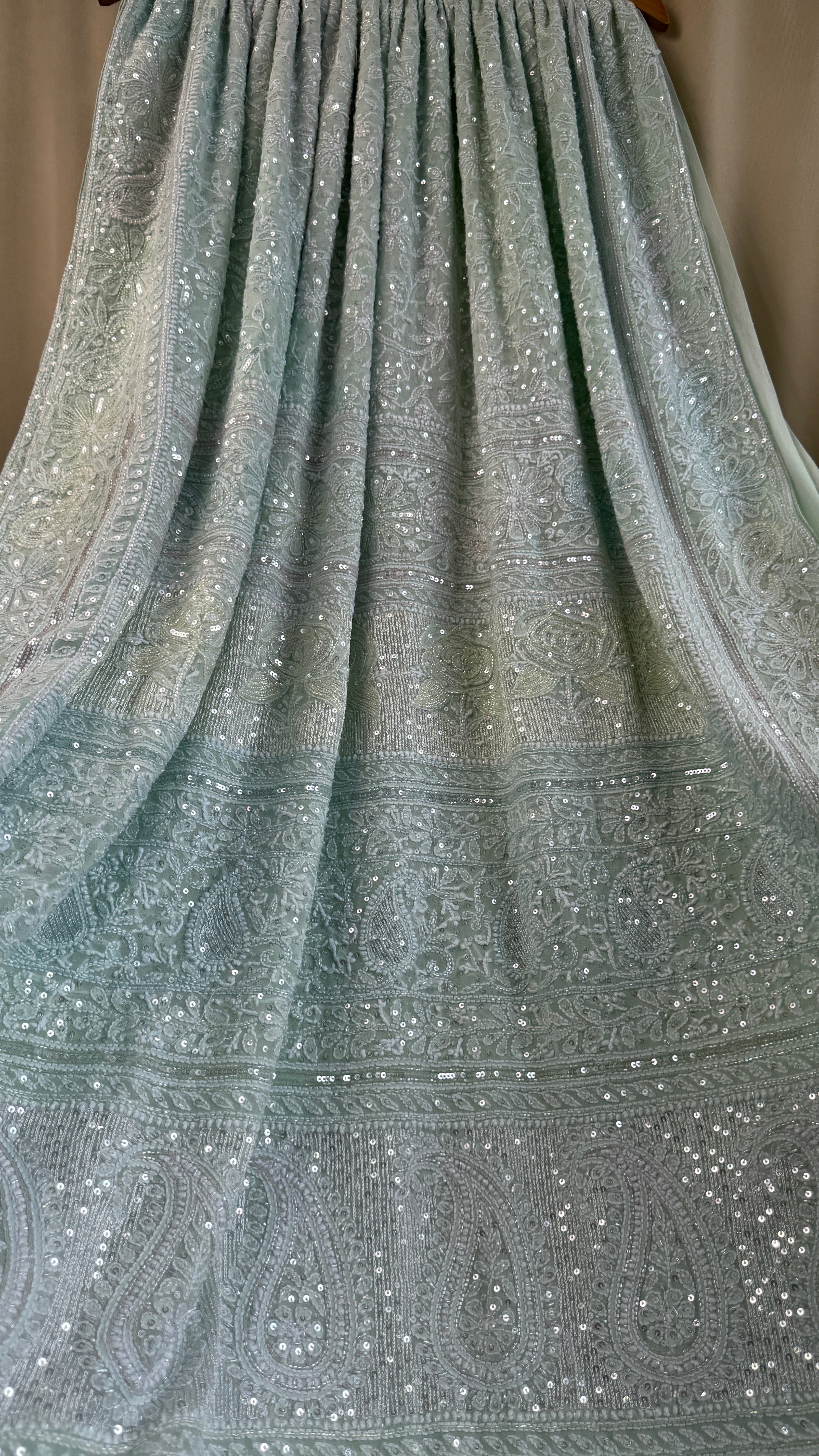 Pure Georgette Lucknow Chikankari Saree -Green - Rooh Collection