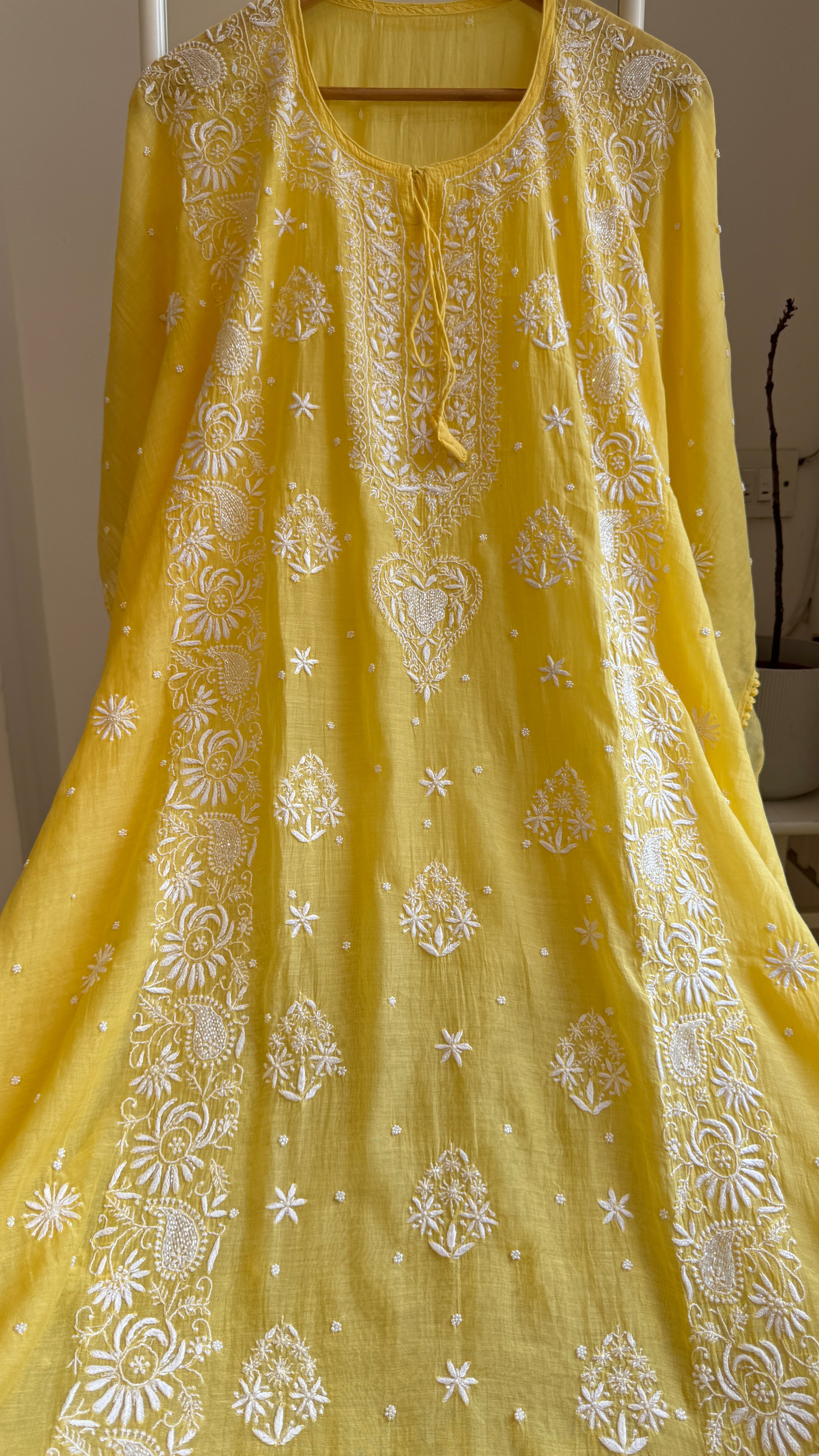 Mul Chanderi Chikankari Kaftan - Yellow