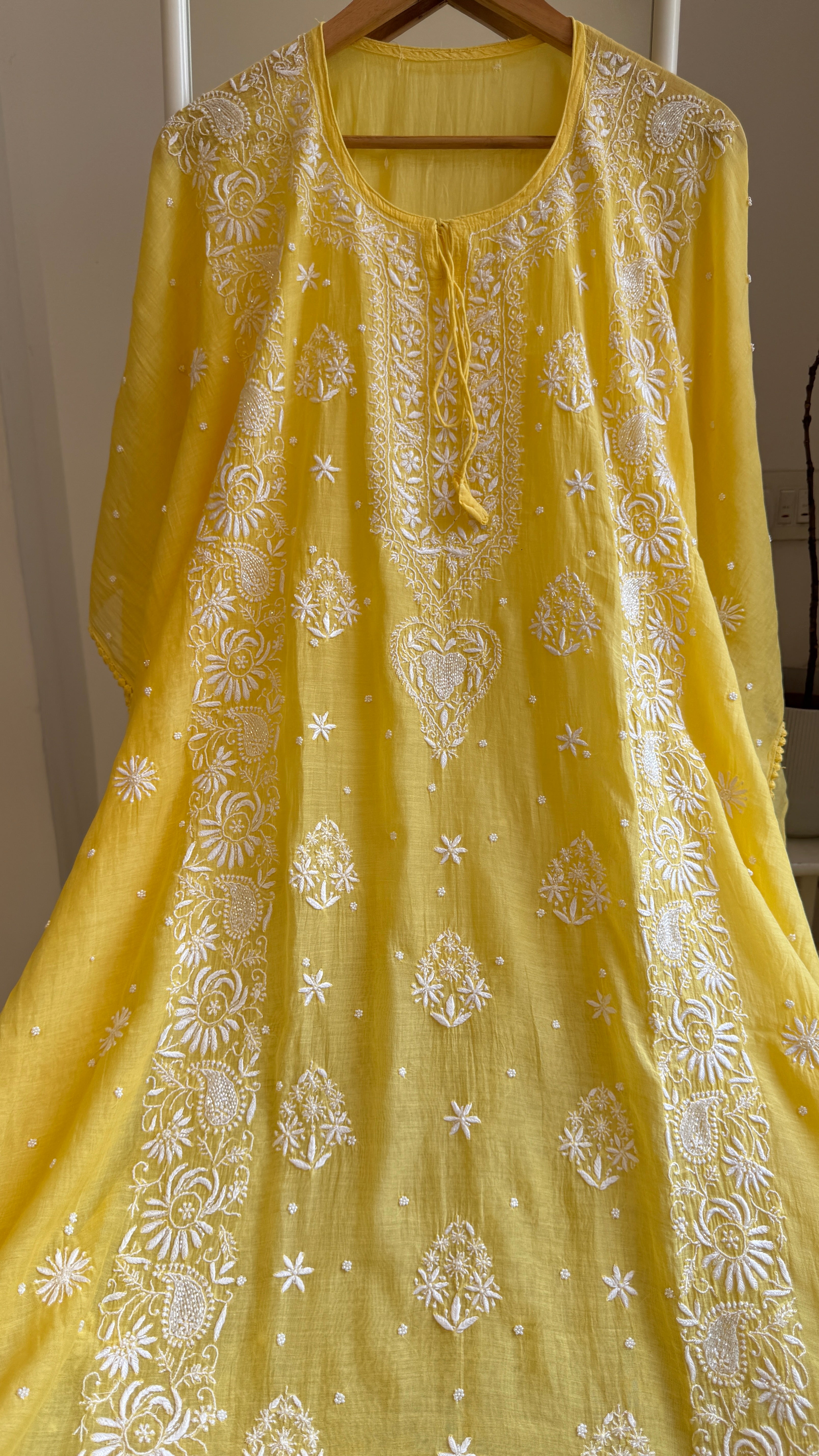 Mul Chanderi Chikankari Kaftan - Yellow