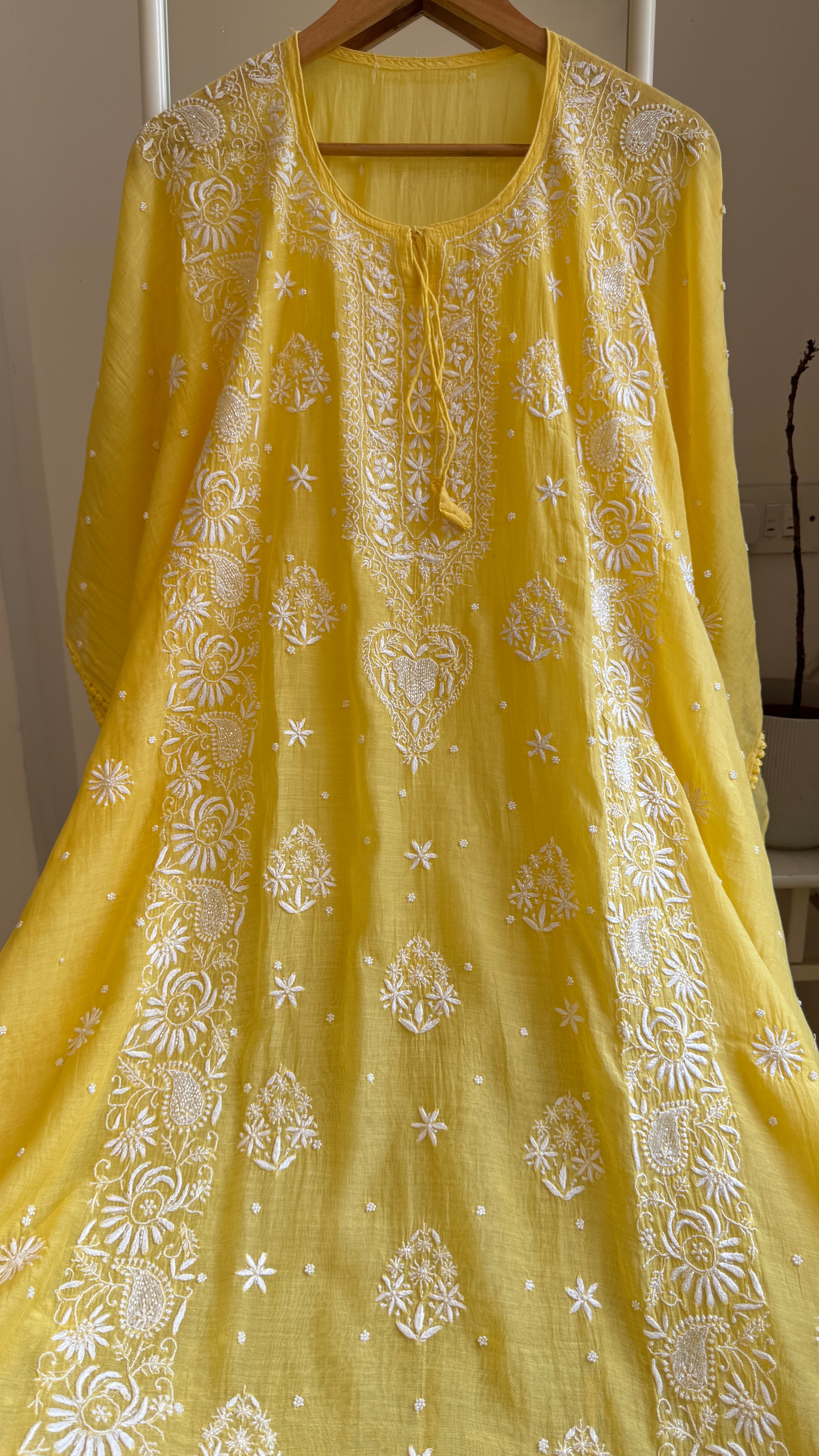 Mul Chanderi Chikankari Kaftan - Yellow