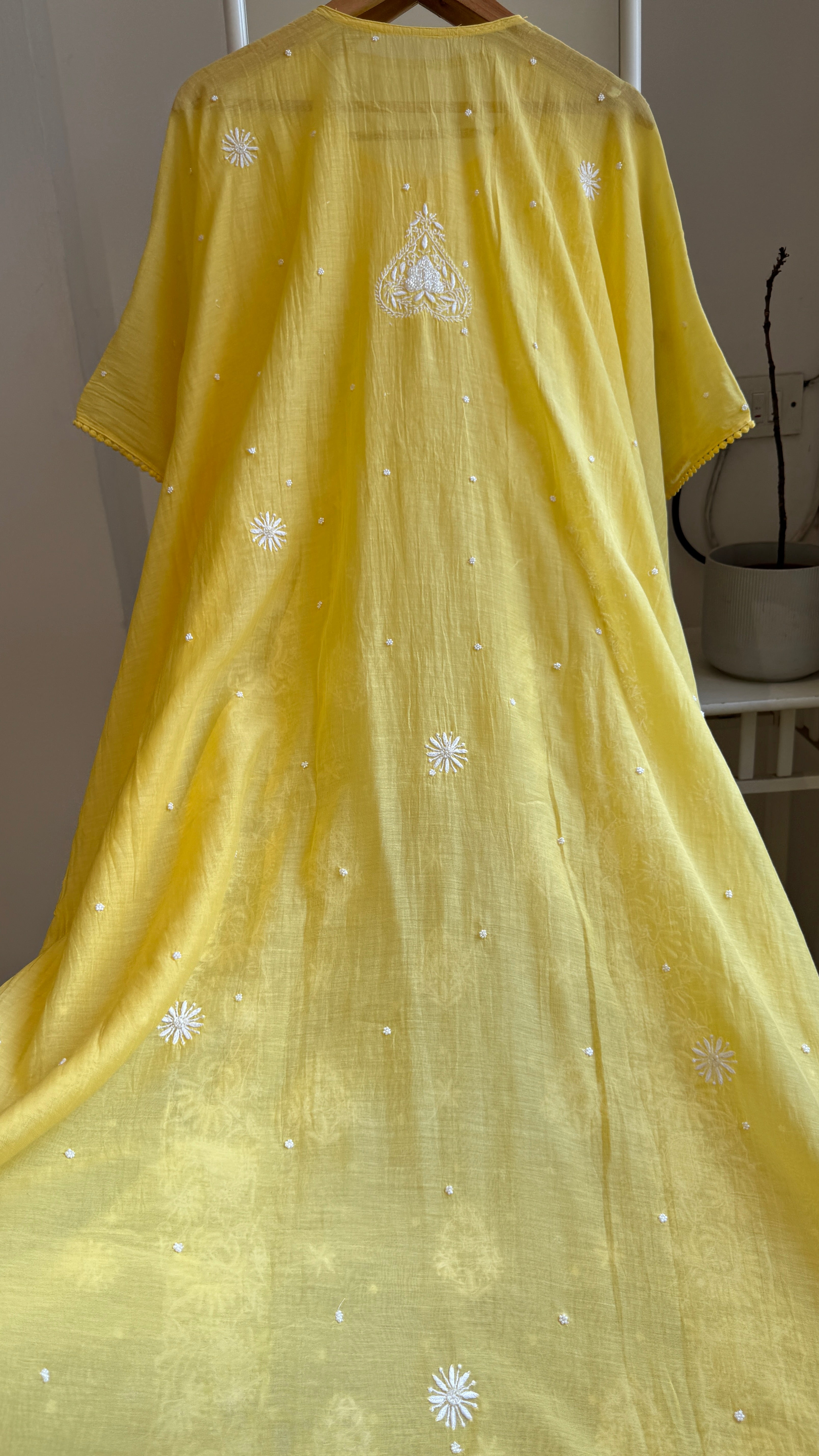 Mul Chanderi Chikankari Kaftan - Yellow