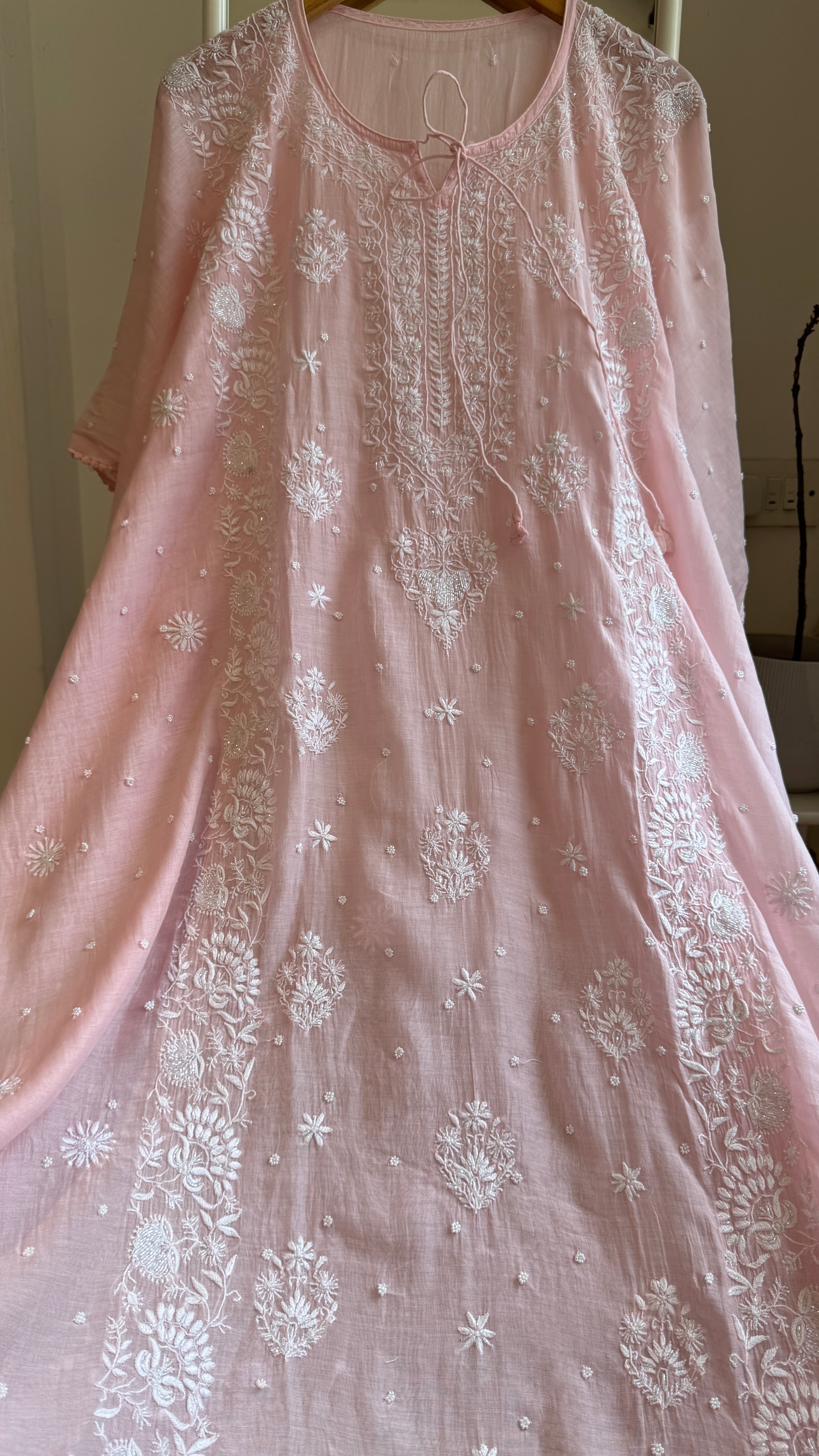 Mul Chanderi Chikankari Kaftan - Pink