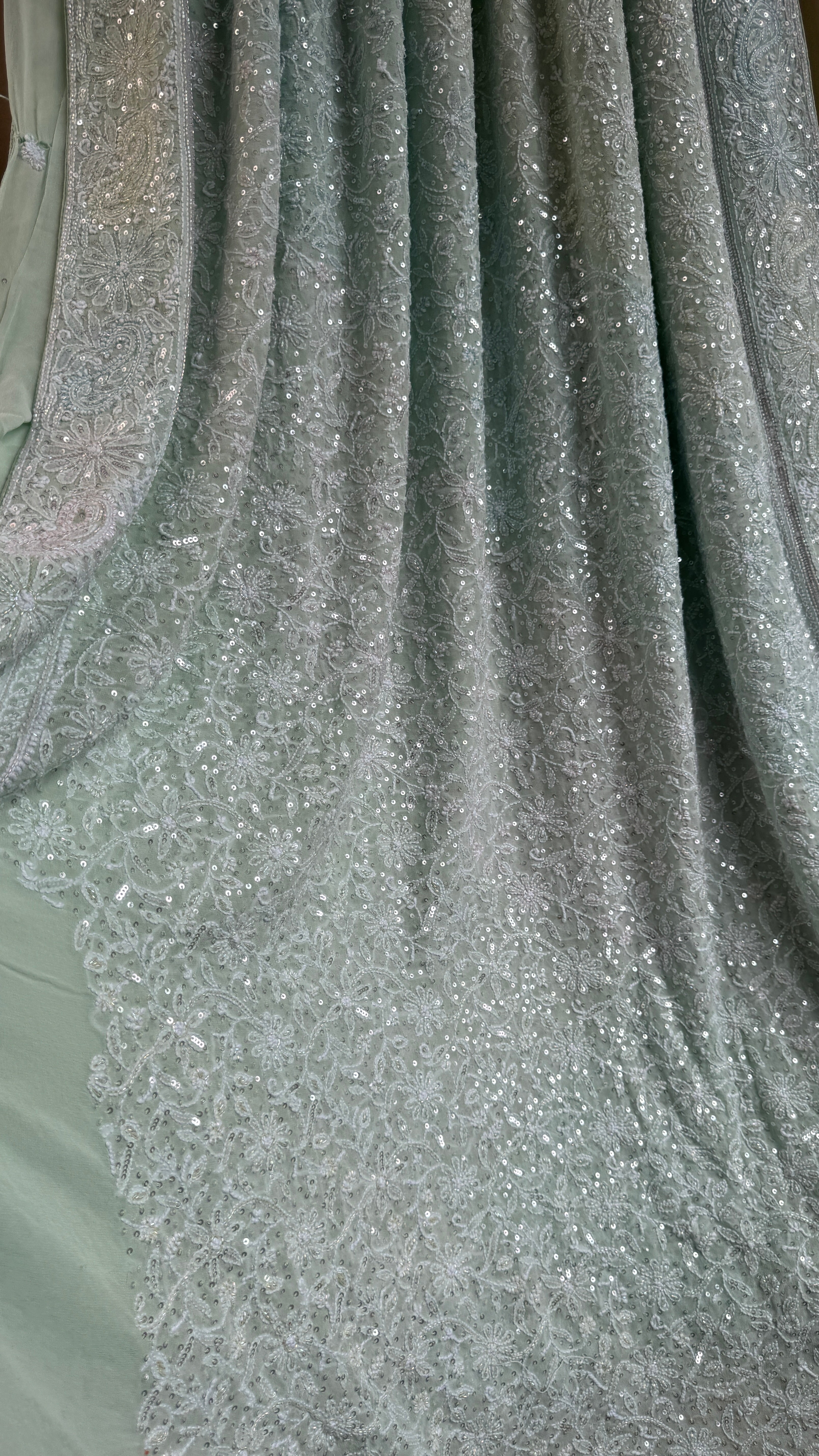 Pure Georgette Lucknow Chikankari Saree -Green - Rooh Collection
