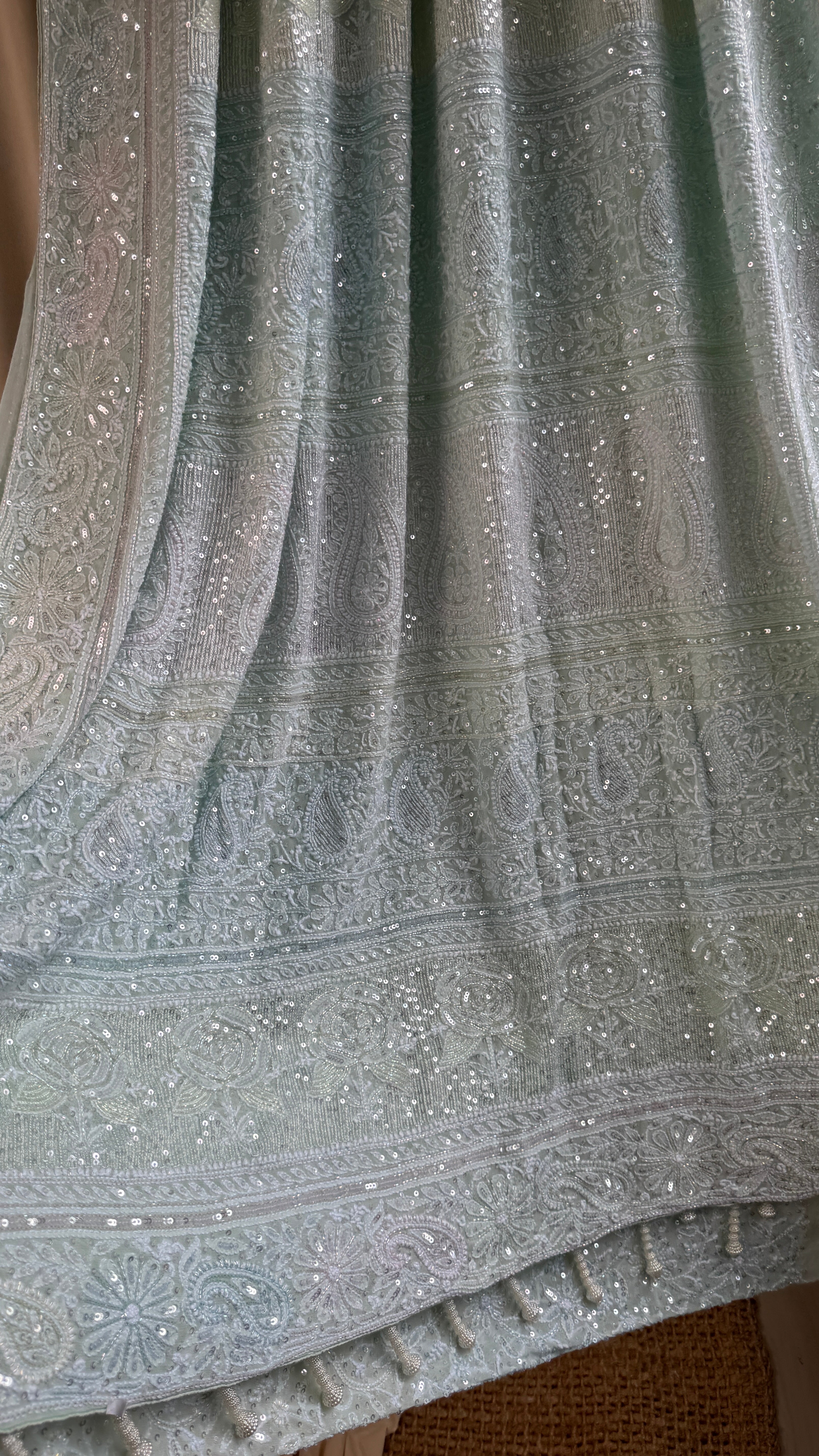 Pure Georgette Lucknow Chikankari Saree -Green - Rooh Collection