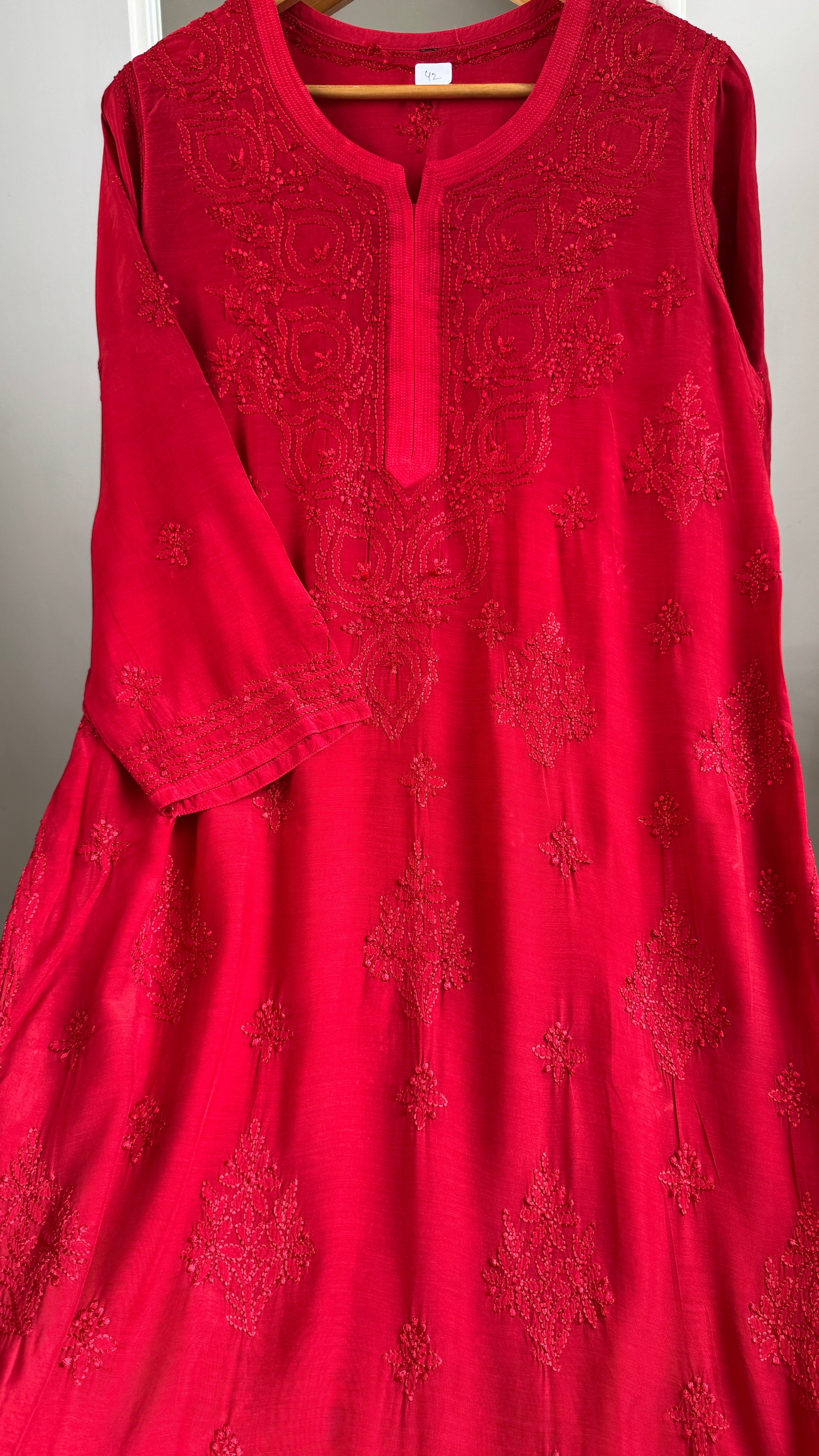 Muslin Chikankari Kurti - Red- BERRY Collection