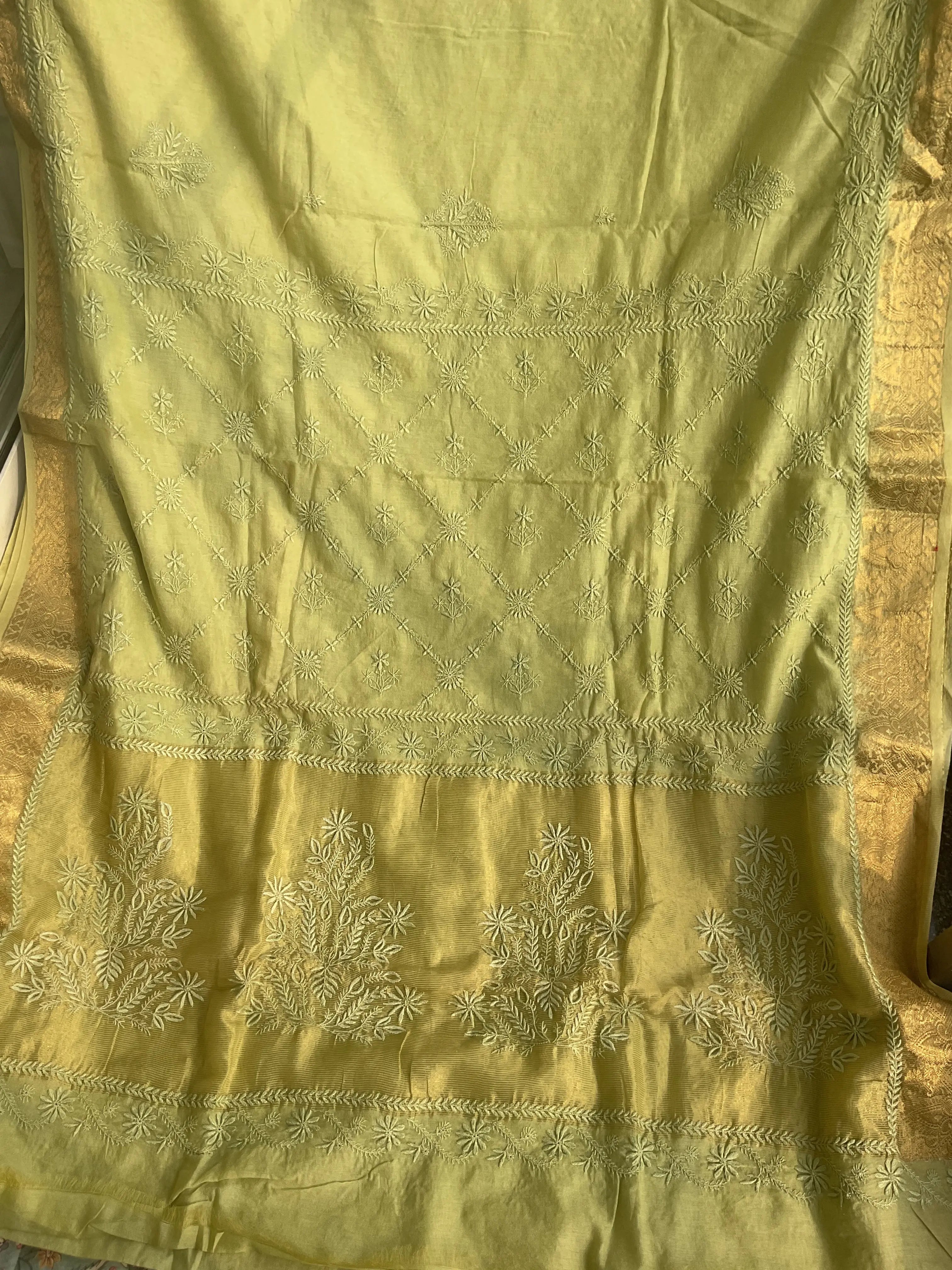 Chanderi Chikankari saree in Light Green ARIAA CHIKANKARI 