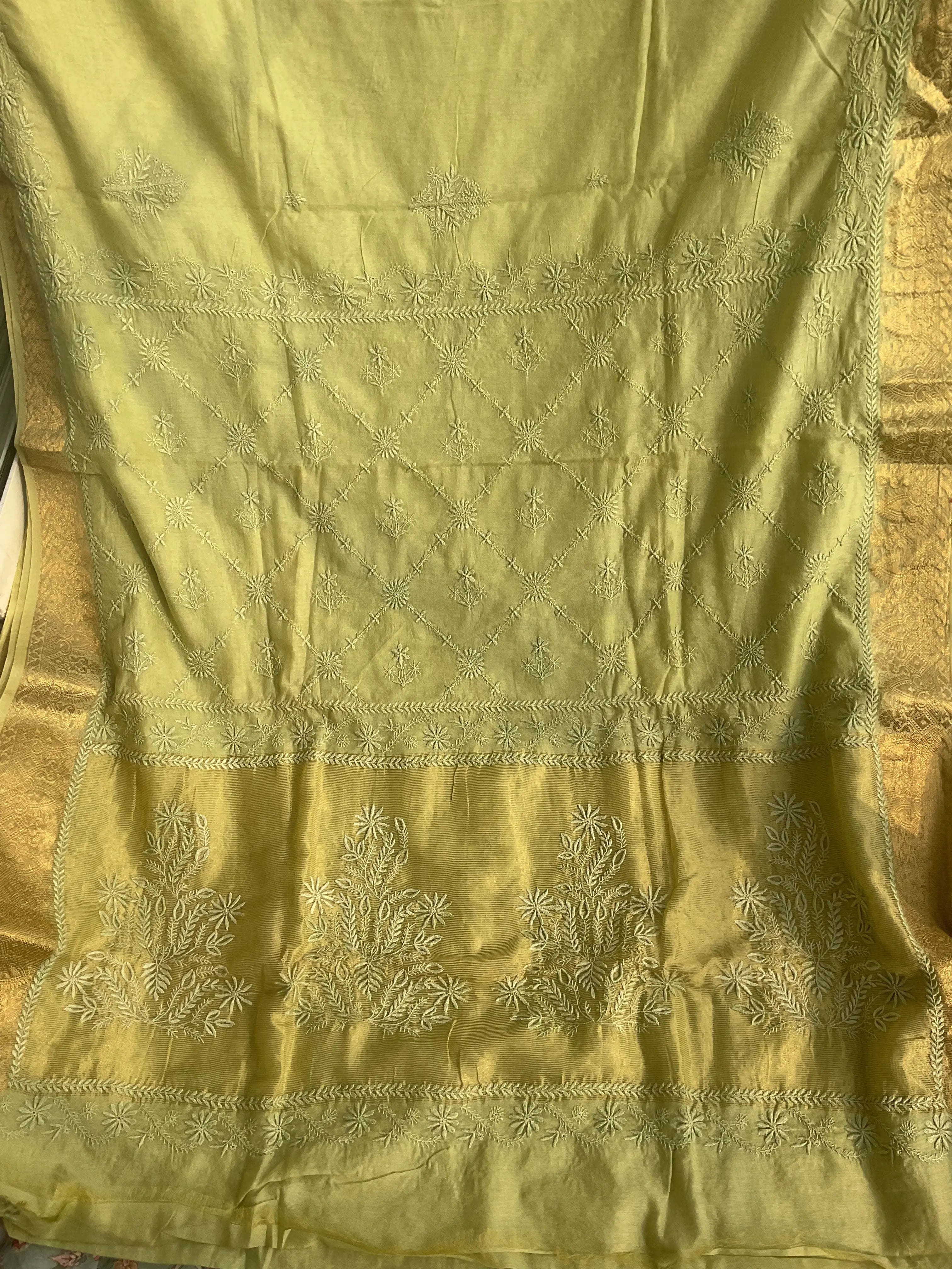 Chanderi Chikankari saree in Light Green ARIAA CHIKANKARI 