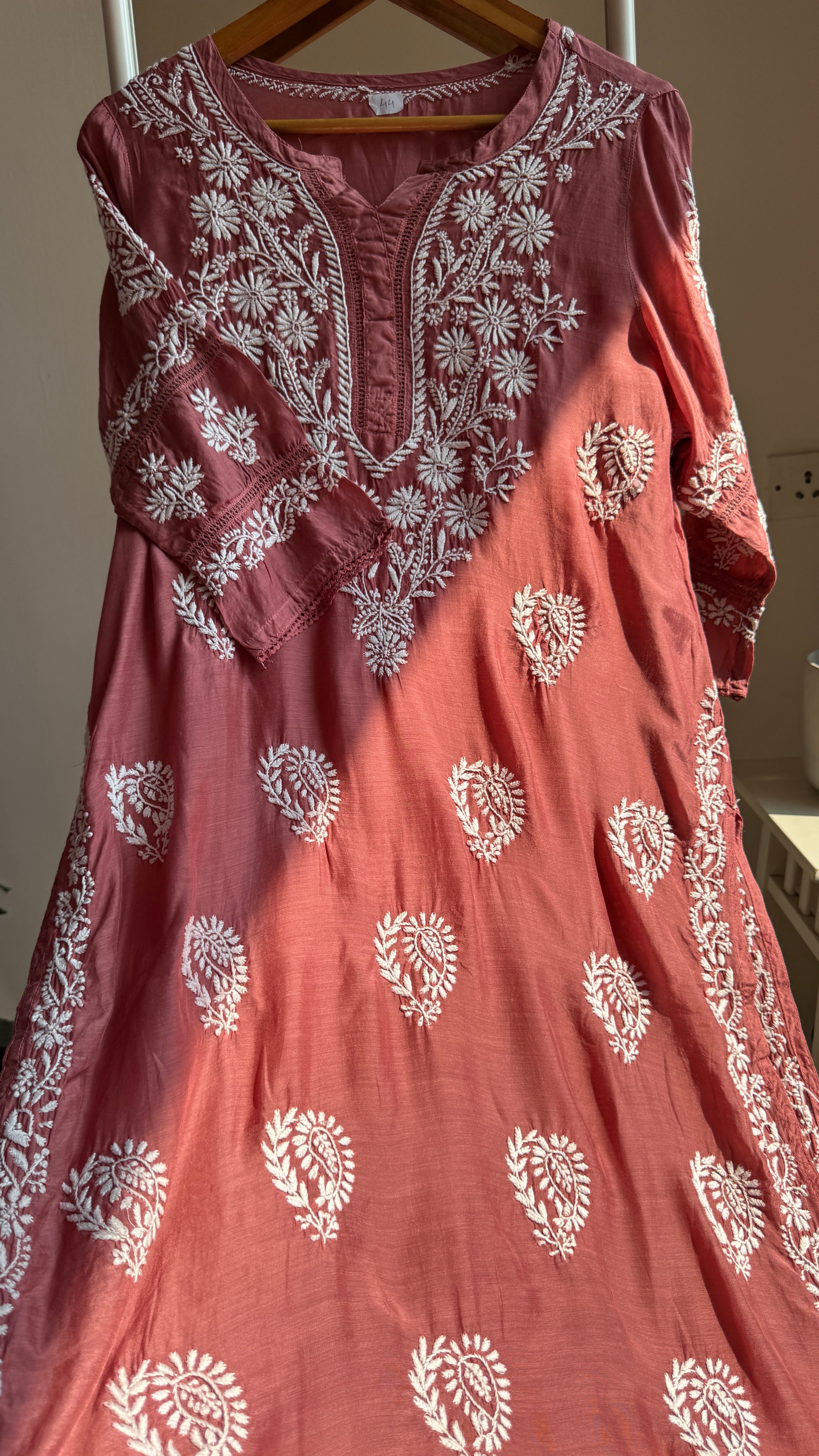Muslin Chikankari Kurti with White Thread work - Rosewood - Gulzar Collection