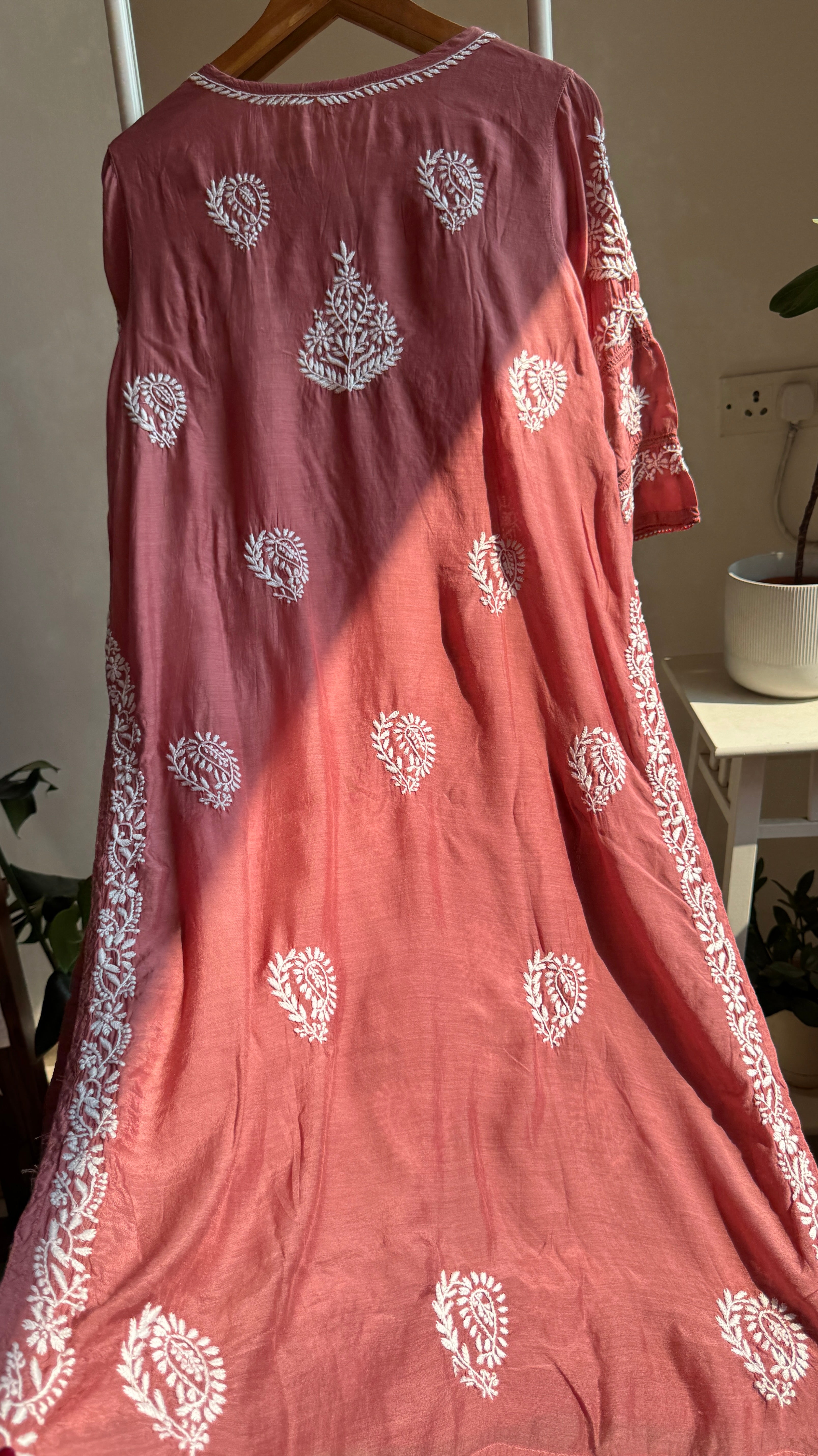 Muslin Chikankari Kurti with White Thread work - Rosewood - Gulzar Collection