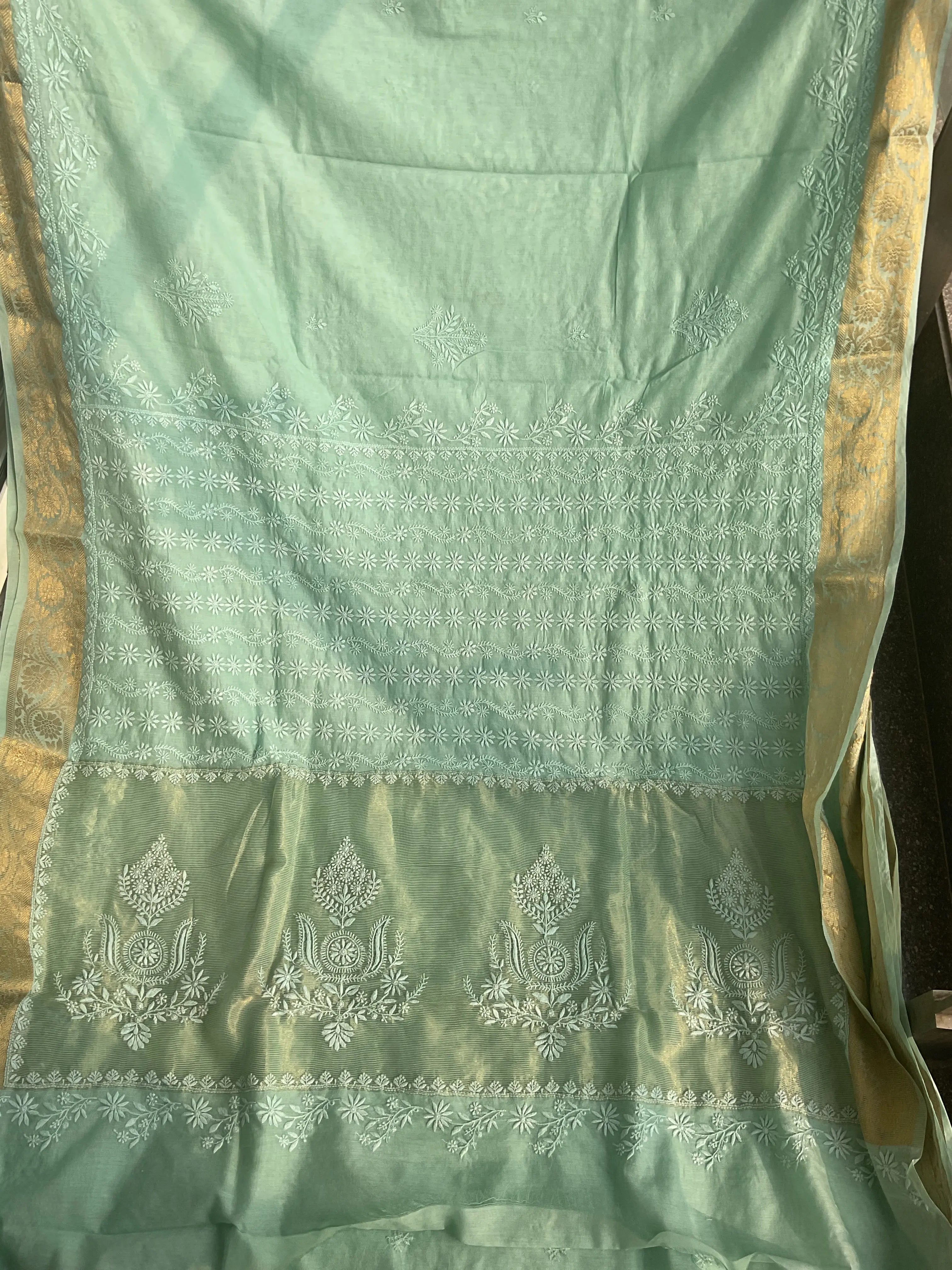 Chanderi Chikankari saree in Sage Green ARIAA CHIKANKARI 