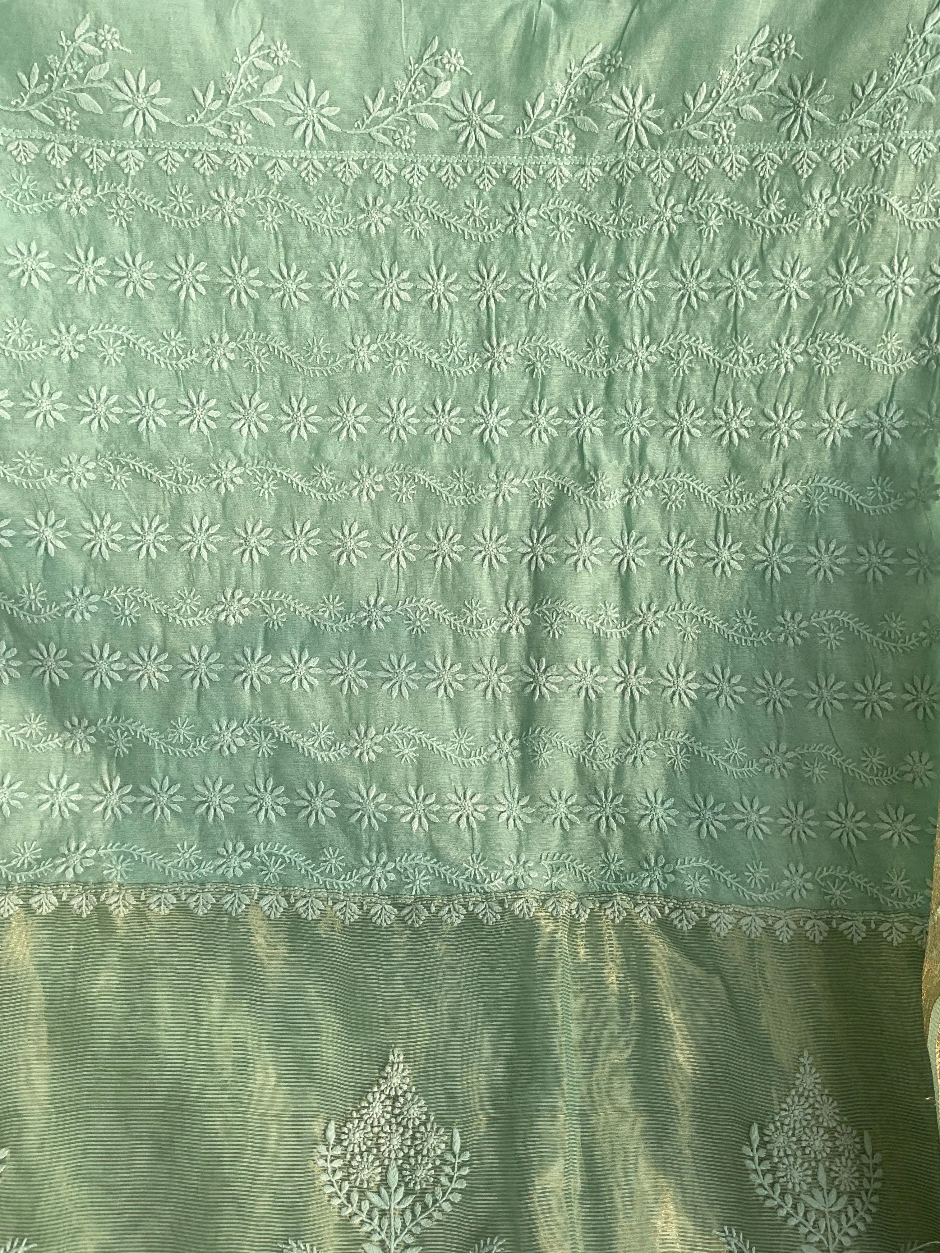 Chanderi Chikankari saree in Sage Green ARIAA CHIKANKARI 