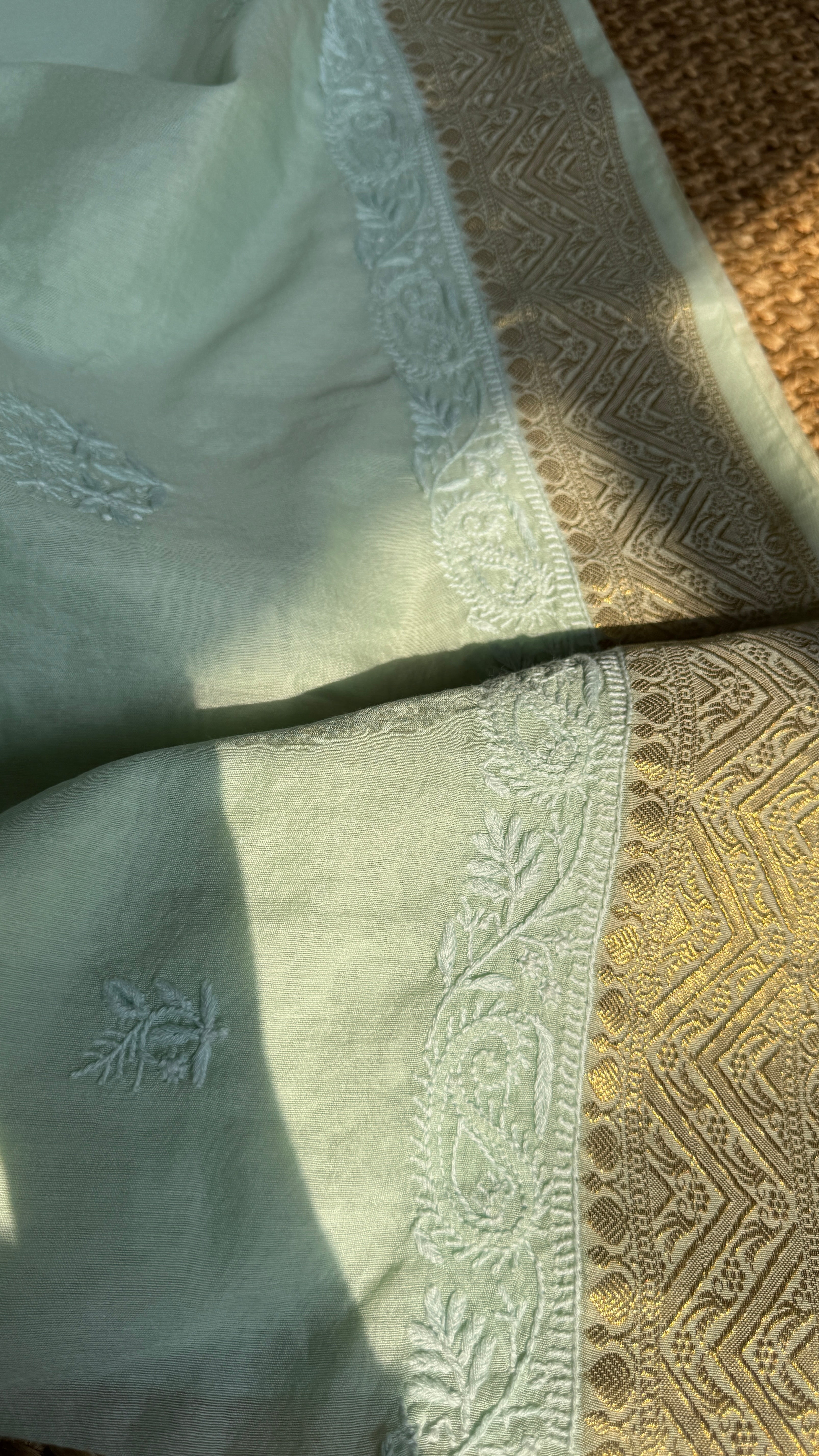 Chanderi Chikankari saree in Sea Green