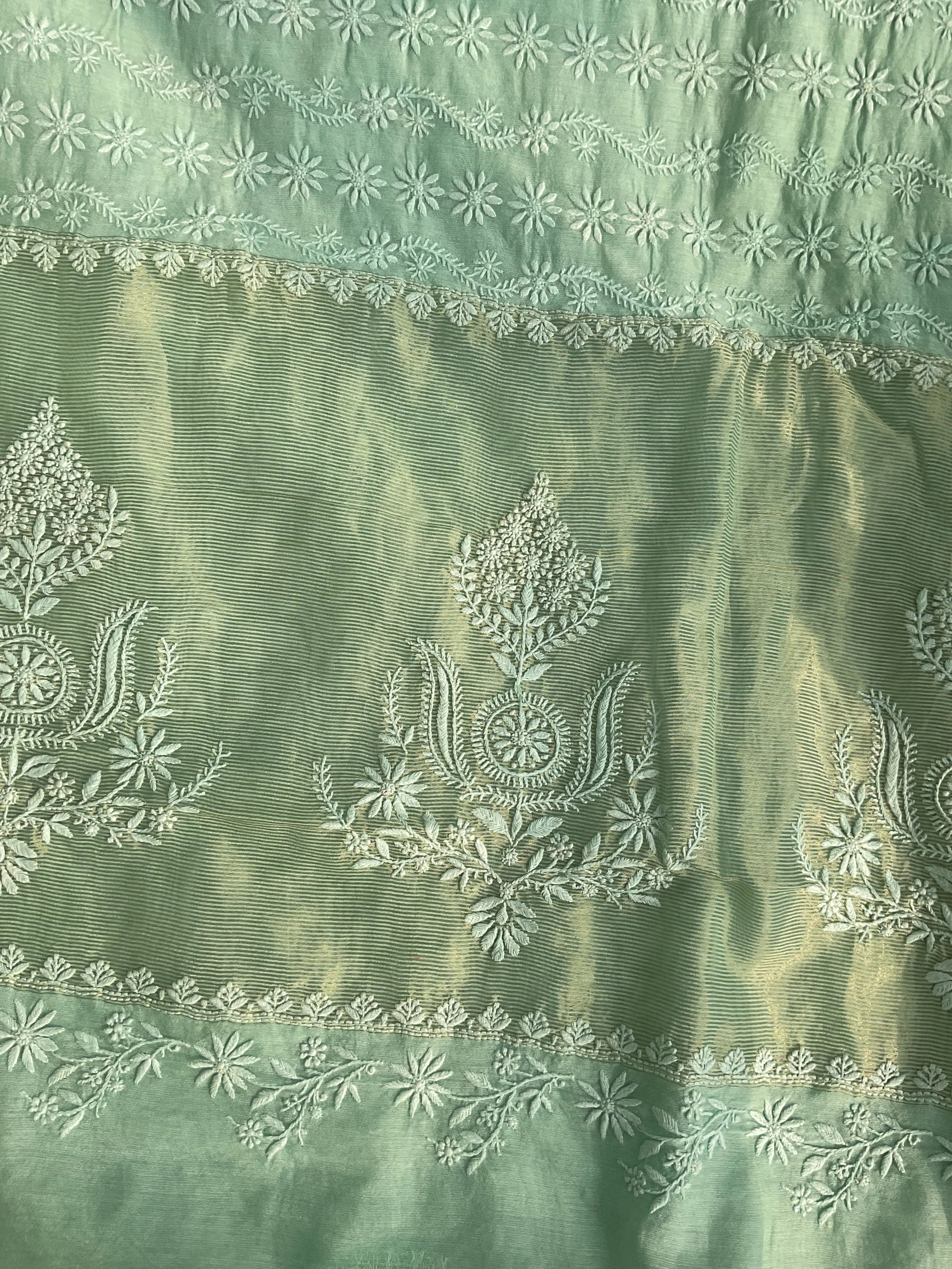 Chanderi Chikankari saree in Sage Green ARIAA CHIKANKARI 