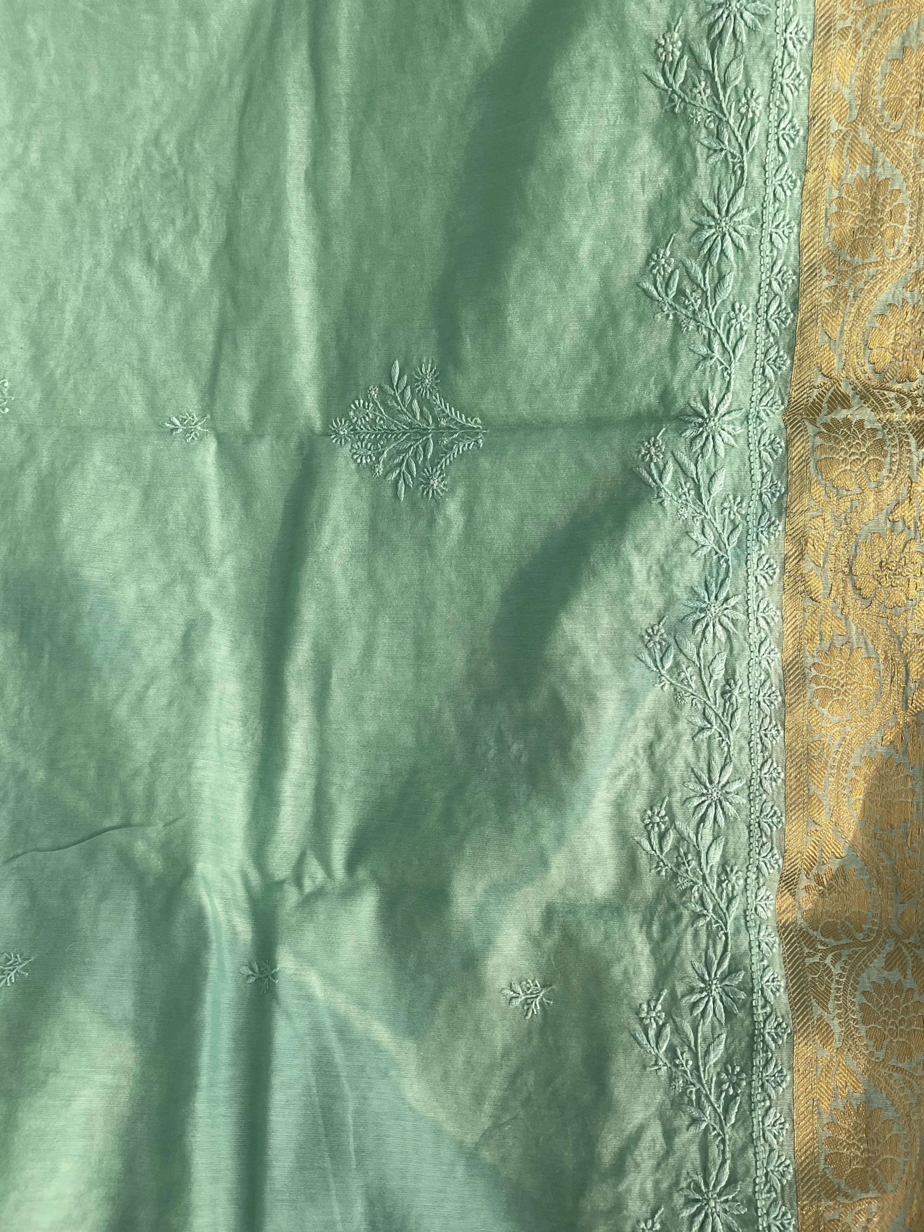 Chanderi Chikankari saree in Sage Green ARIAA CHIKANKARI 