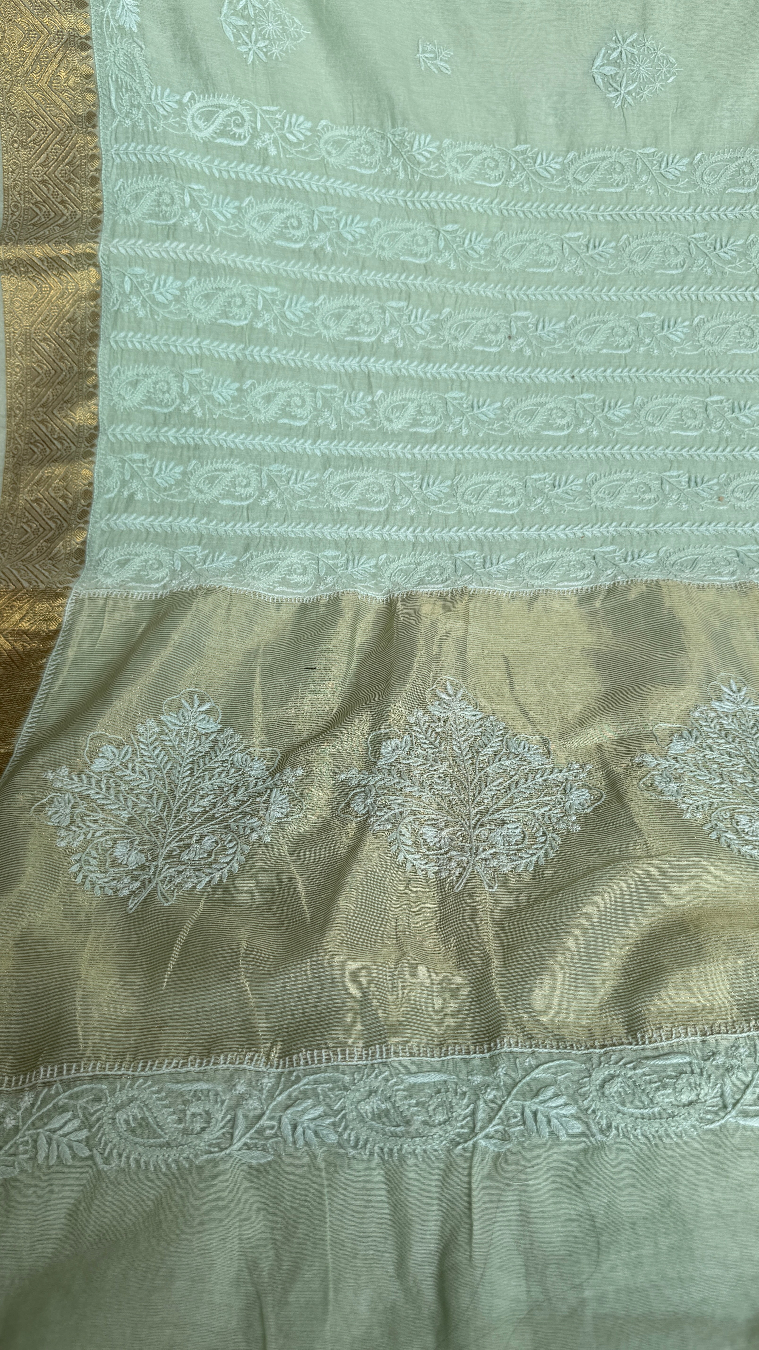 Chanderi Chikankari saree in Sea Green