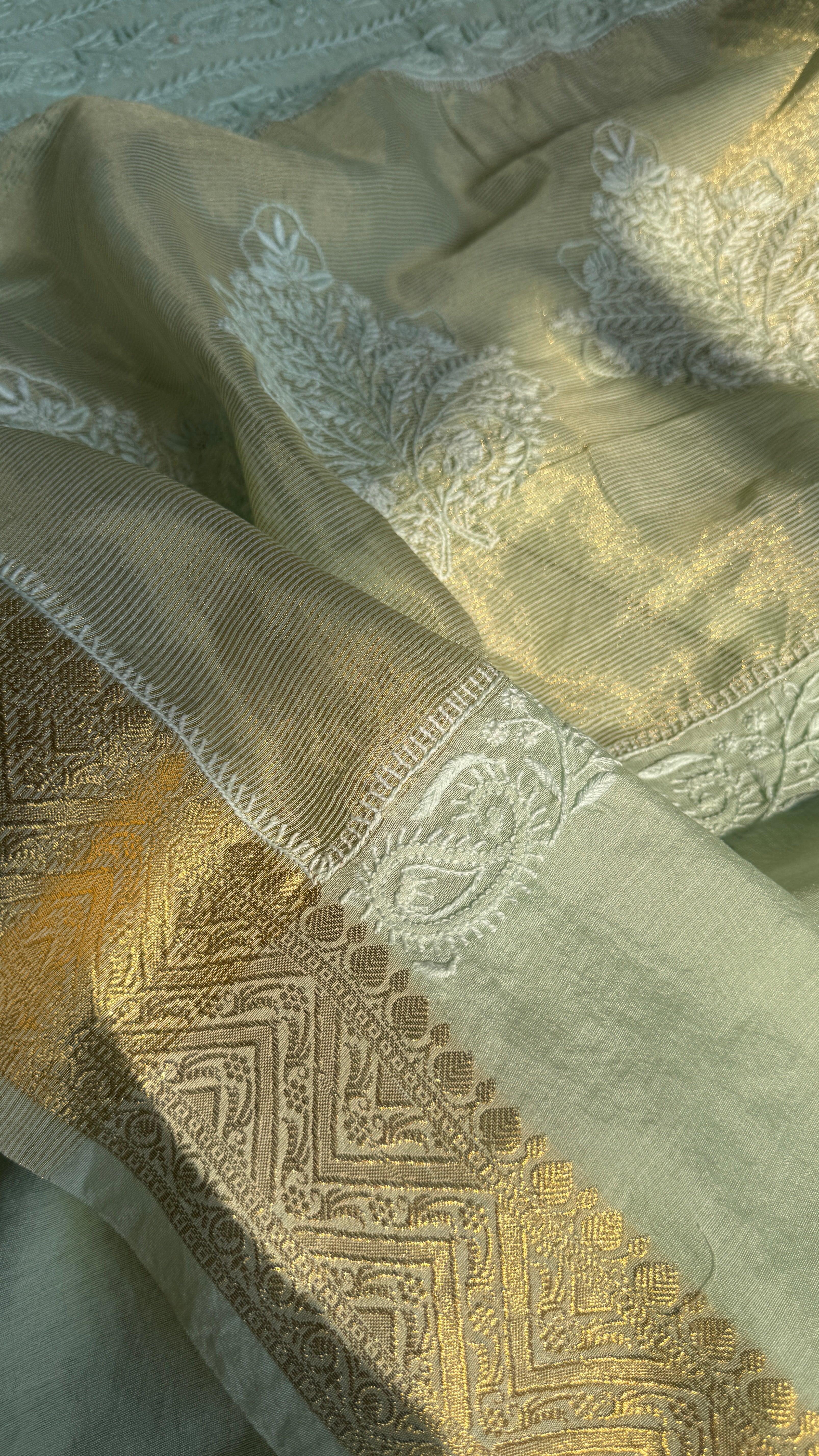 Chanderi Chikankari saree in Sea Green