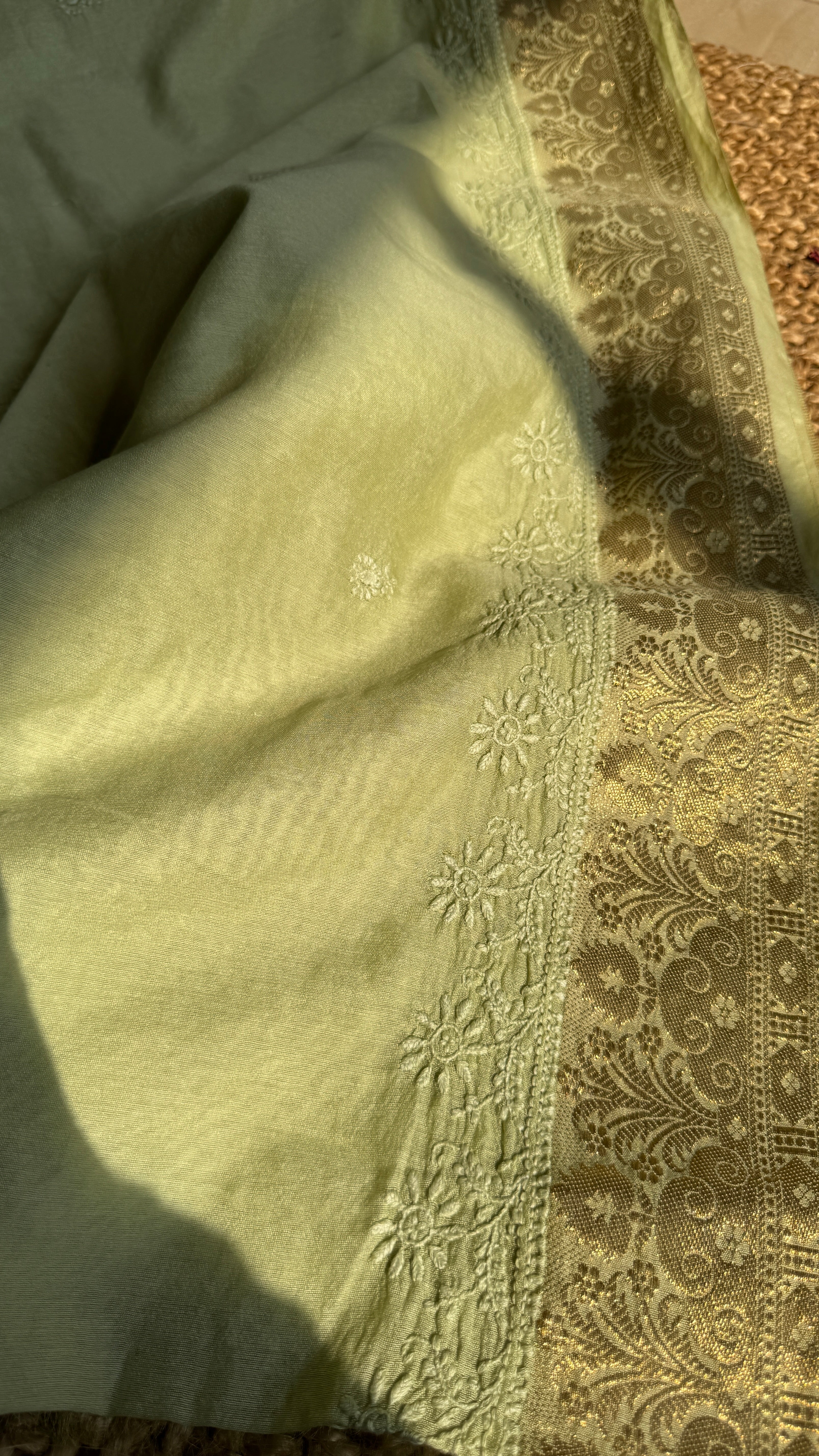 Chanderi Chikankari saree in Sheen Green