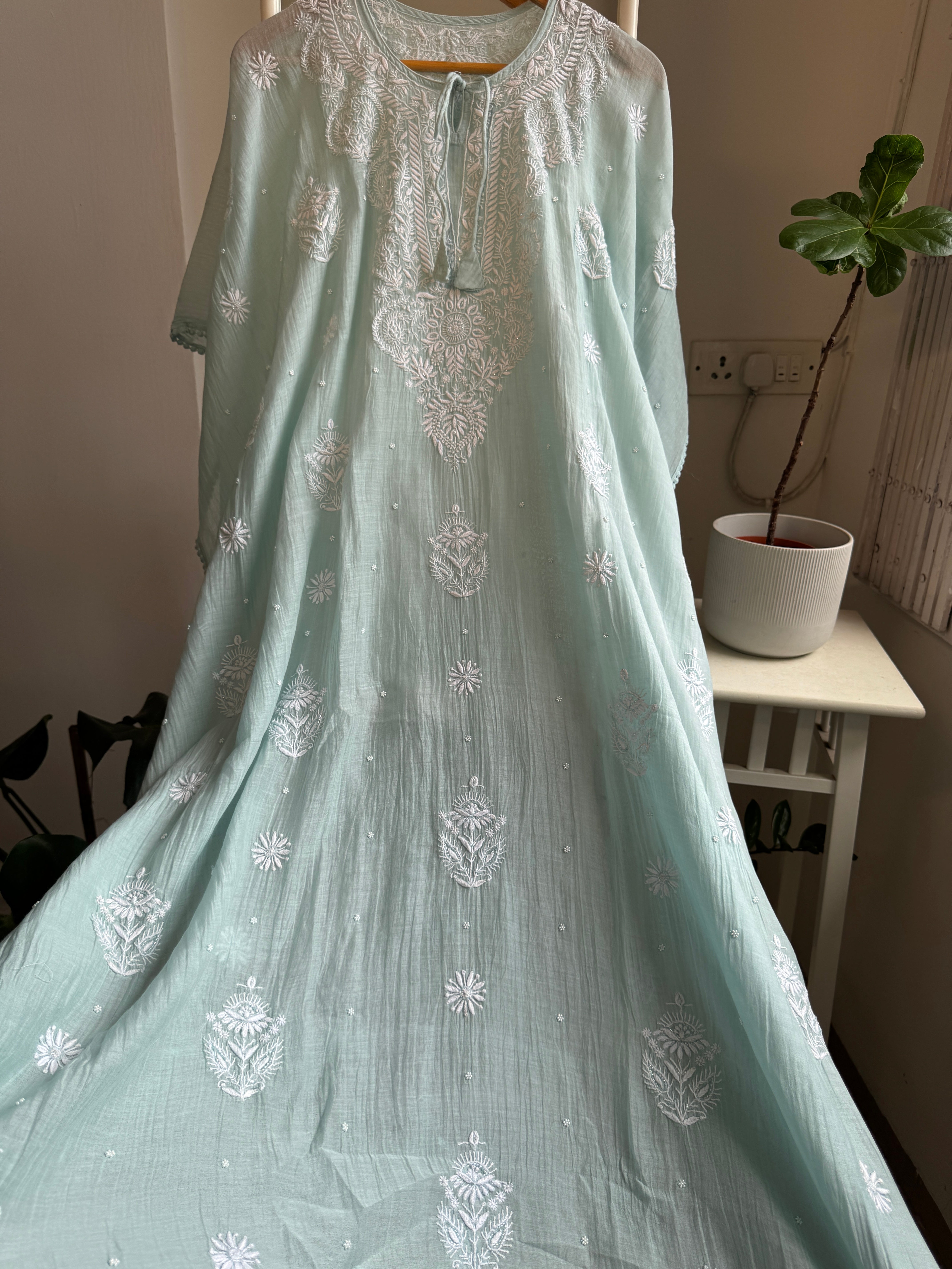 Mul Chanderi Chikankari Kaftan - Sea Blue ARIAA CHIKANKARI 