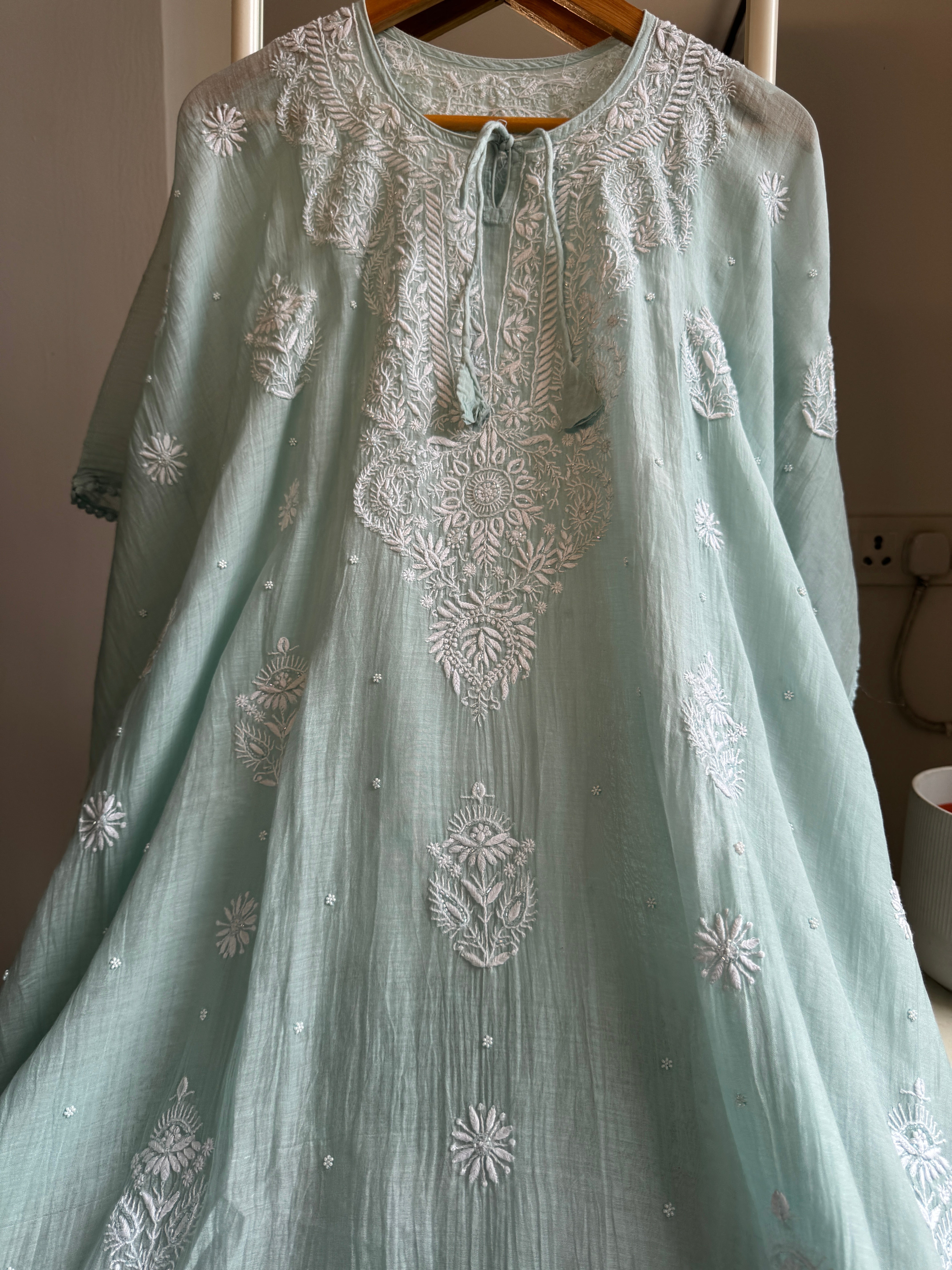 Mul Chanderi Chikankari Kaftan - Sea Blue ARIAA CHIKANKARI 