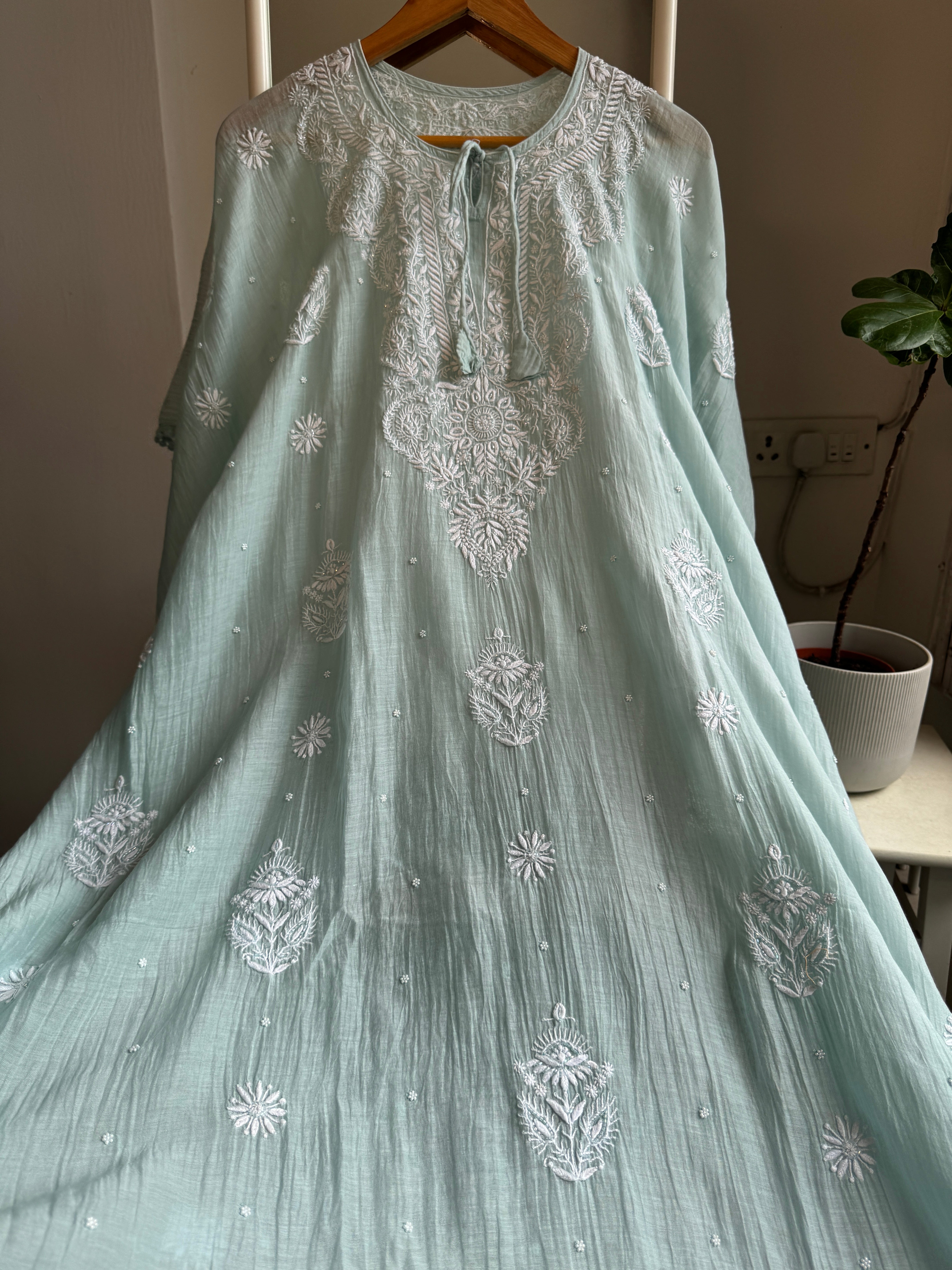 Mul Chanderi Chikankari Kaftan - Sea Blue ARIAA CHIKANKARI 