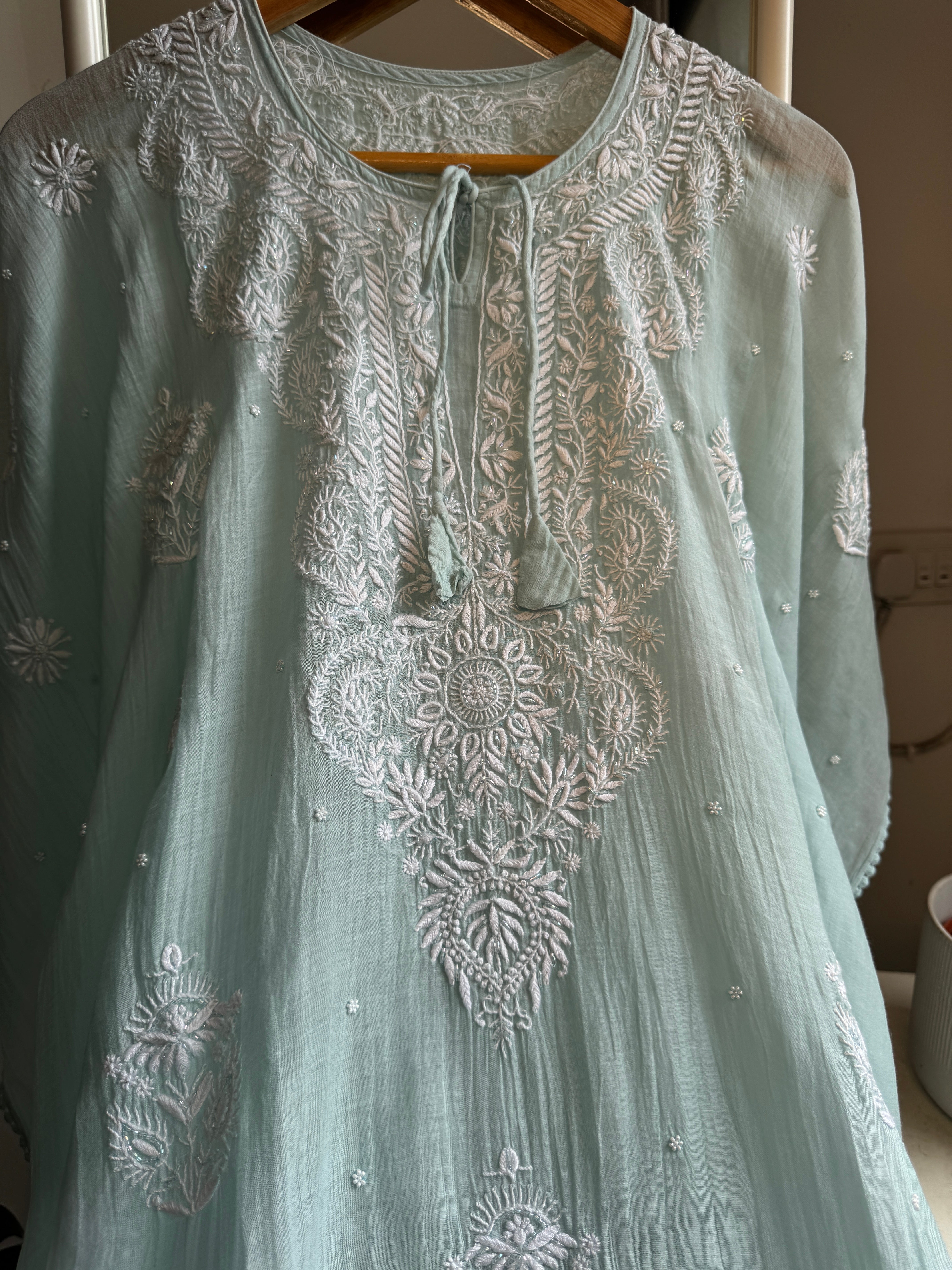 Mul Chanderi Chikankari Kaftan - Sea Blue ARIAA CHIKANKARI 
