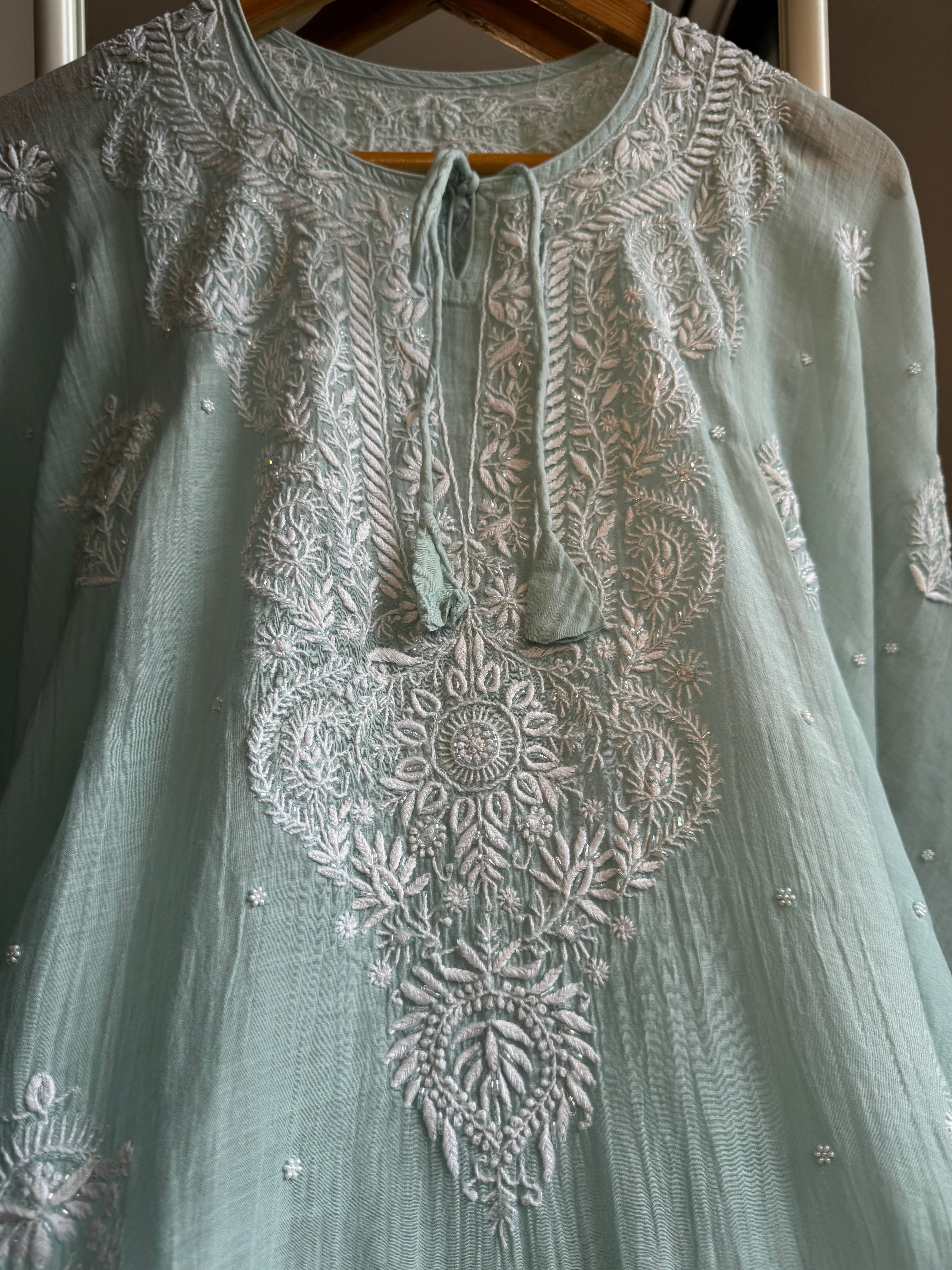 Mul Chanderi Chikankari Kaftan - Sea Blue ARIAA CHIKANKARI 