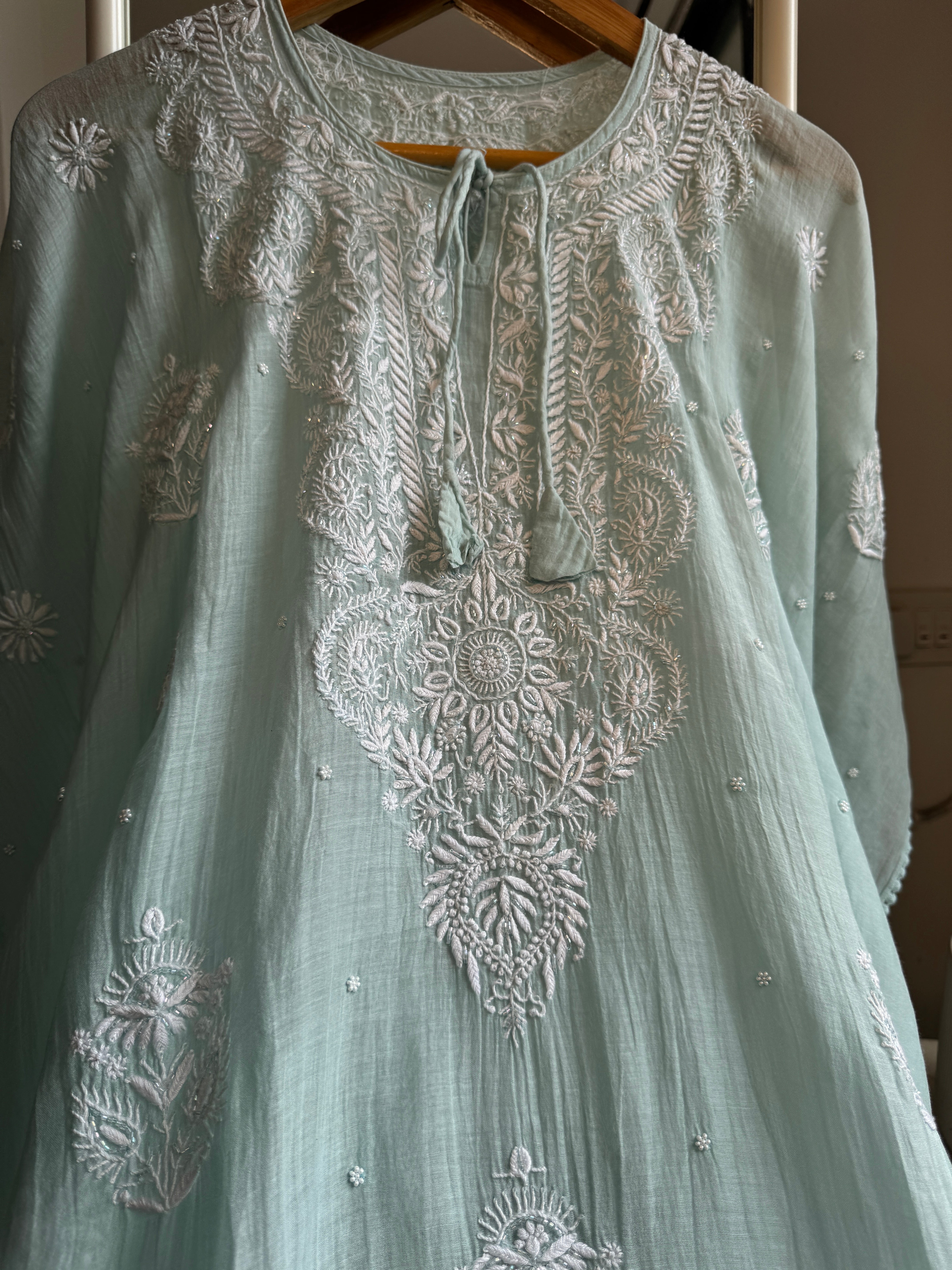 Mul Chanderi Chikankari Kaftan - Sea Blue ARIAA CHIKANKARI 