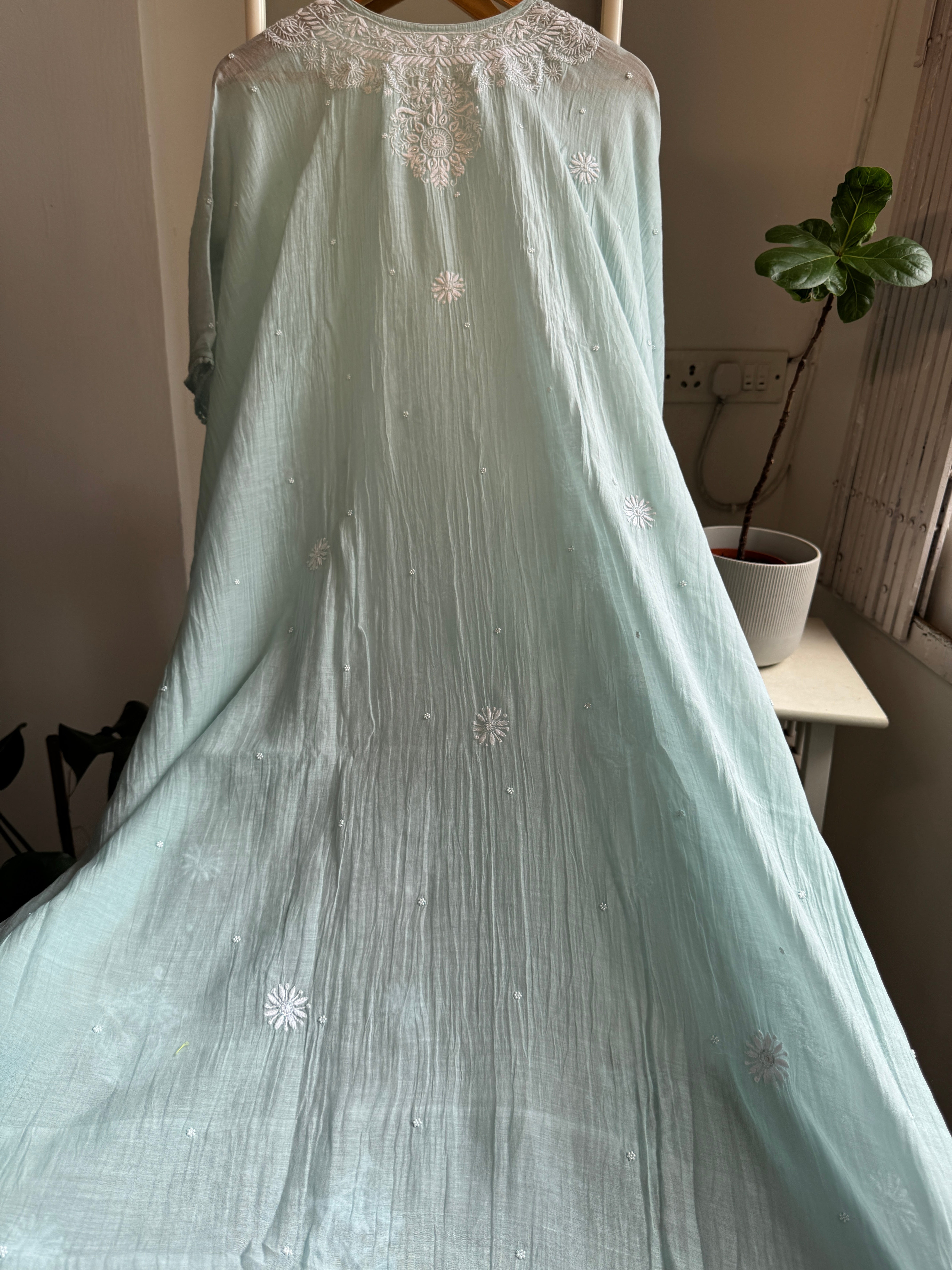 Mul Chanderi Chikankari Kaftan - Sea Blue ARIAA CHIKANKARI 