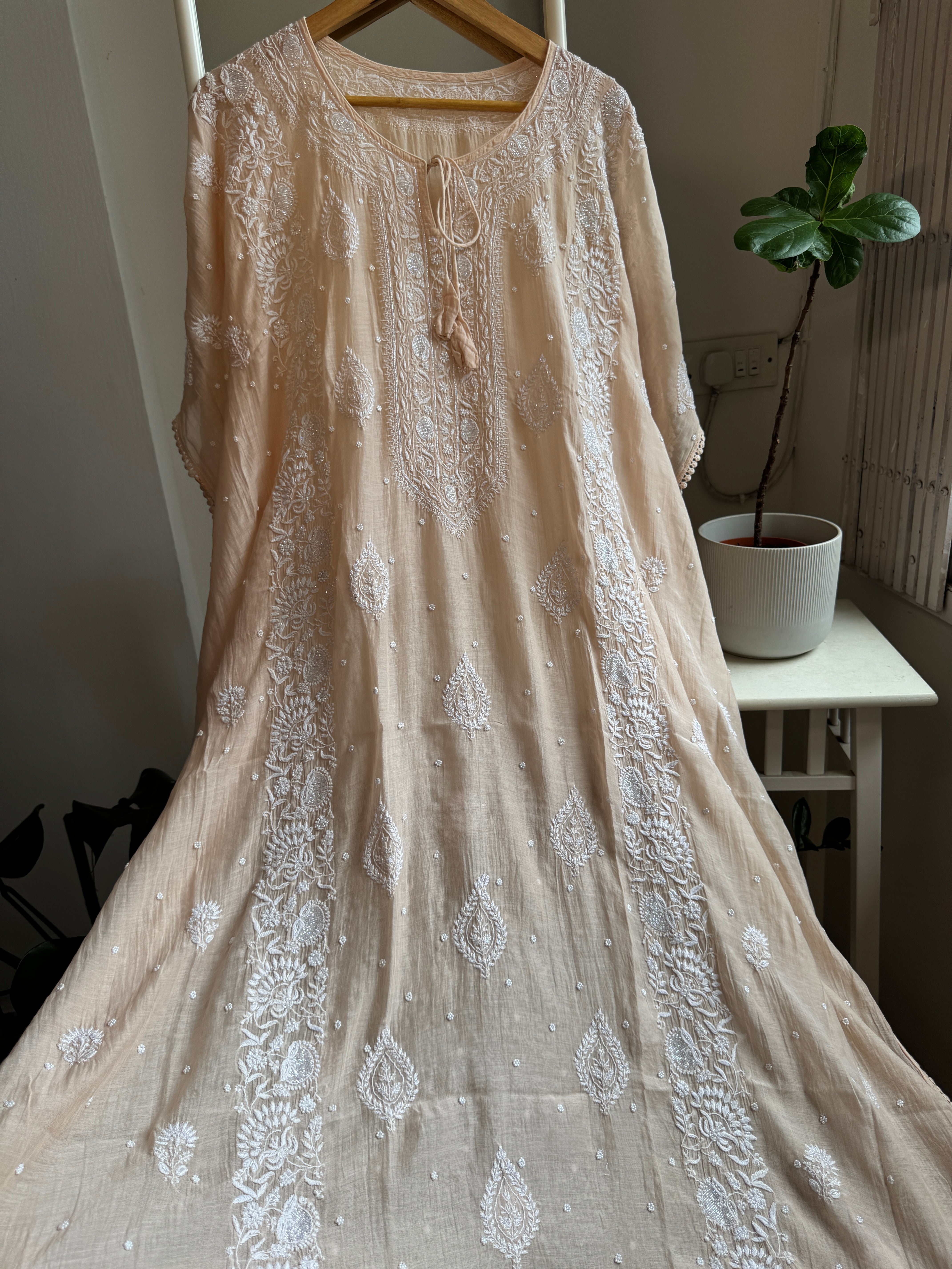 Mul Chanderi Chikankari Kaftan - Blush peach ARIAA CHIKANKARI 